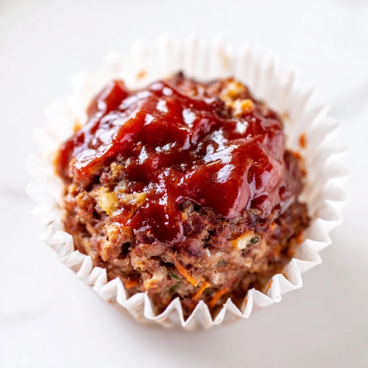 Golden brown turkey meatloaf muffins topped with glazed ketchup in a muffin tin