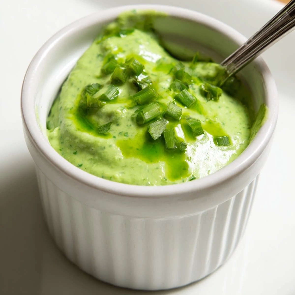 Vibrant spicy aji verde Peruvian sauce drizzled over grilled chicken and roasted vegetables