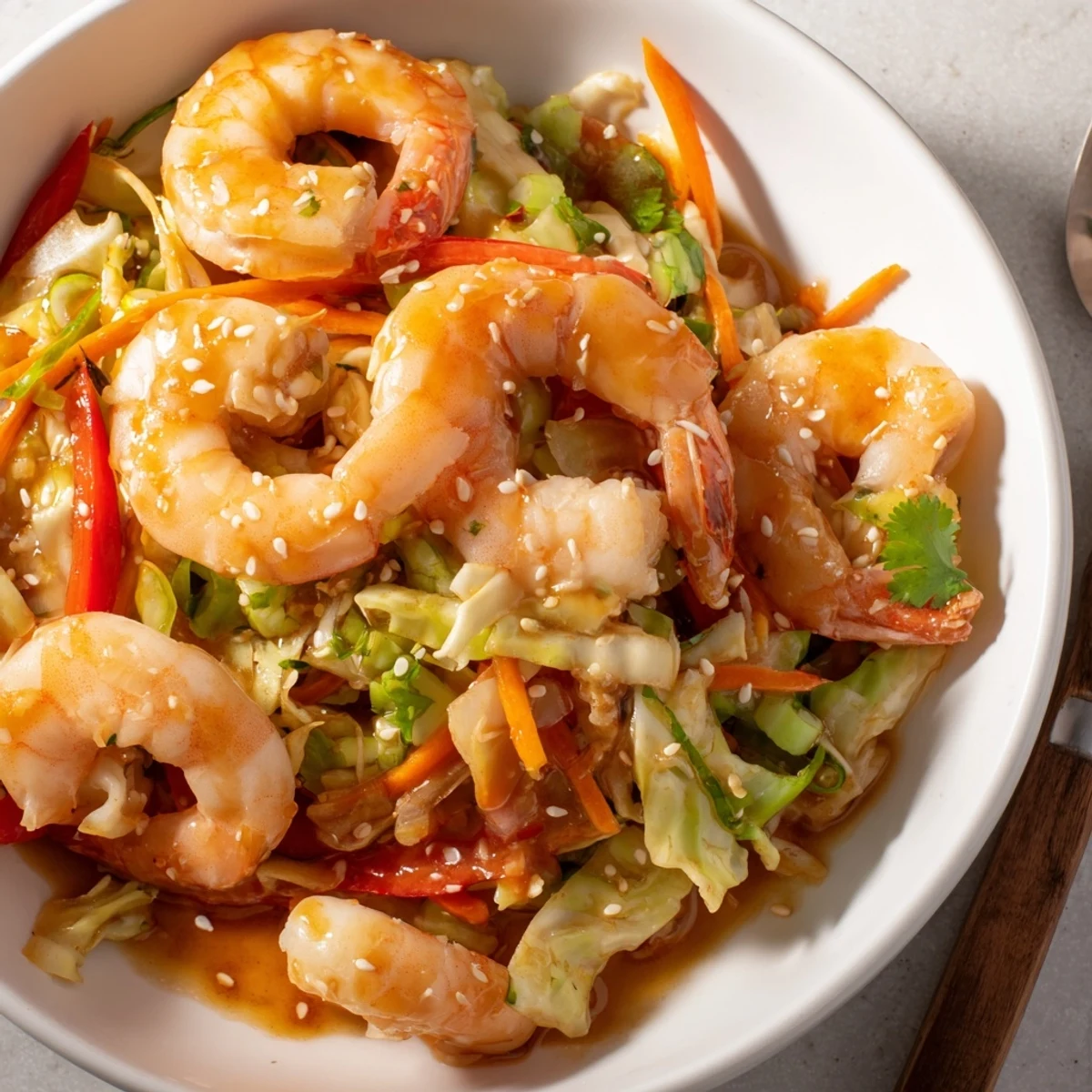 Skillet-ready Delicious Asian Shrimp And Cabbage Stir Fry with toasted sesame.