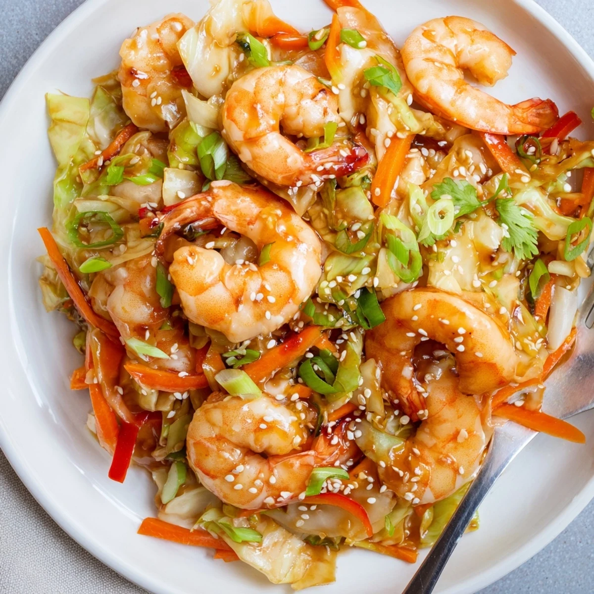 Bright, tangy sauce coats the Delicious Asian Shrimp And Cabbage Stir Fry.