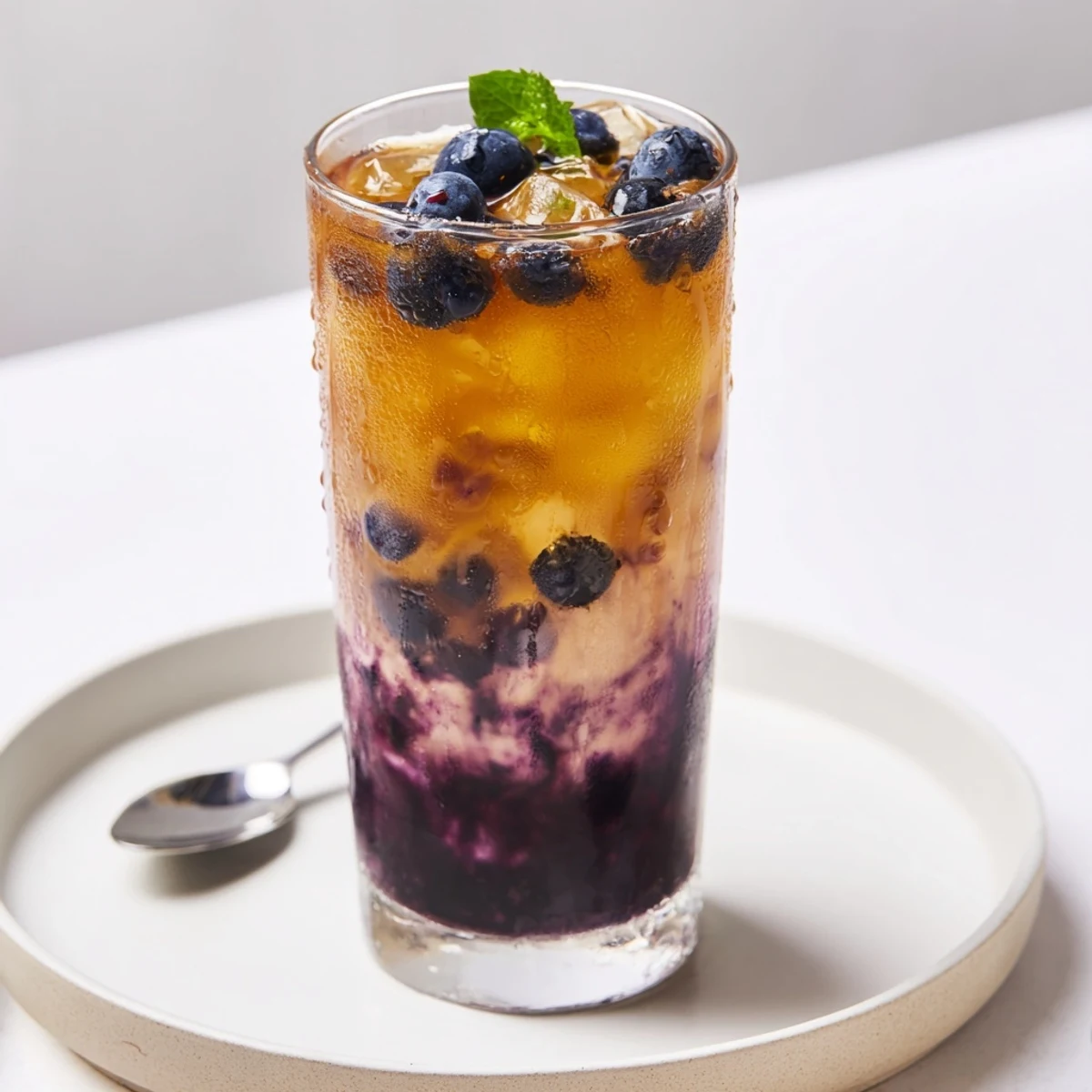 Blueberry Milk Tea Cooler in tall glass with ice, mint garnish