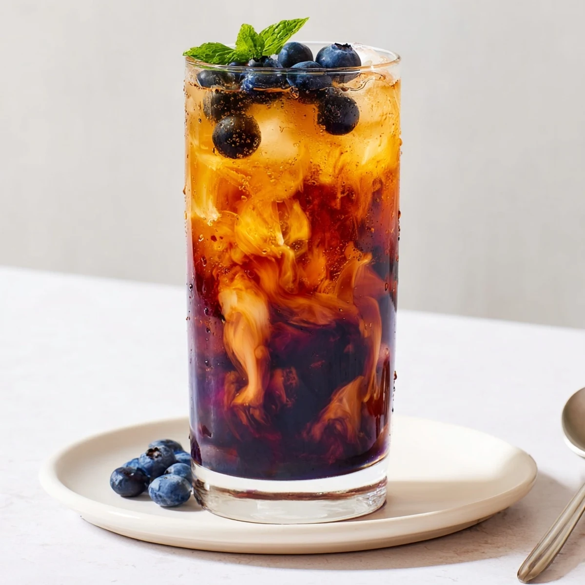 Blueberry Milk Tea Cooler poured over ice, fragrant black tea aroma