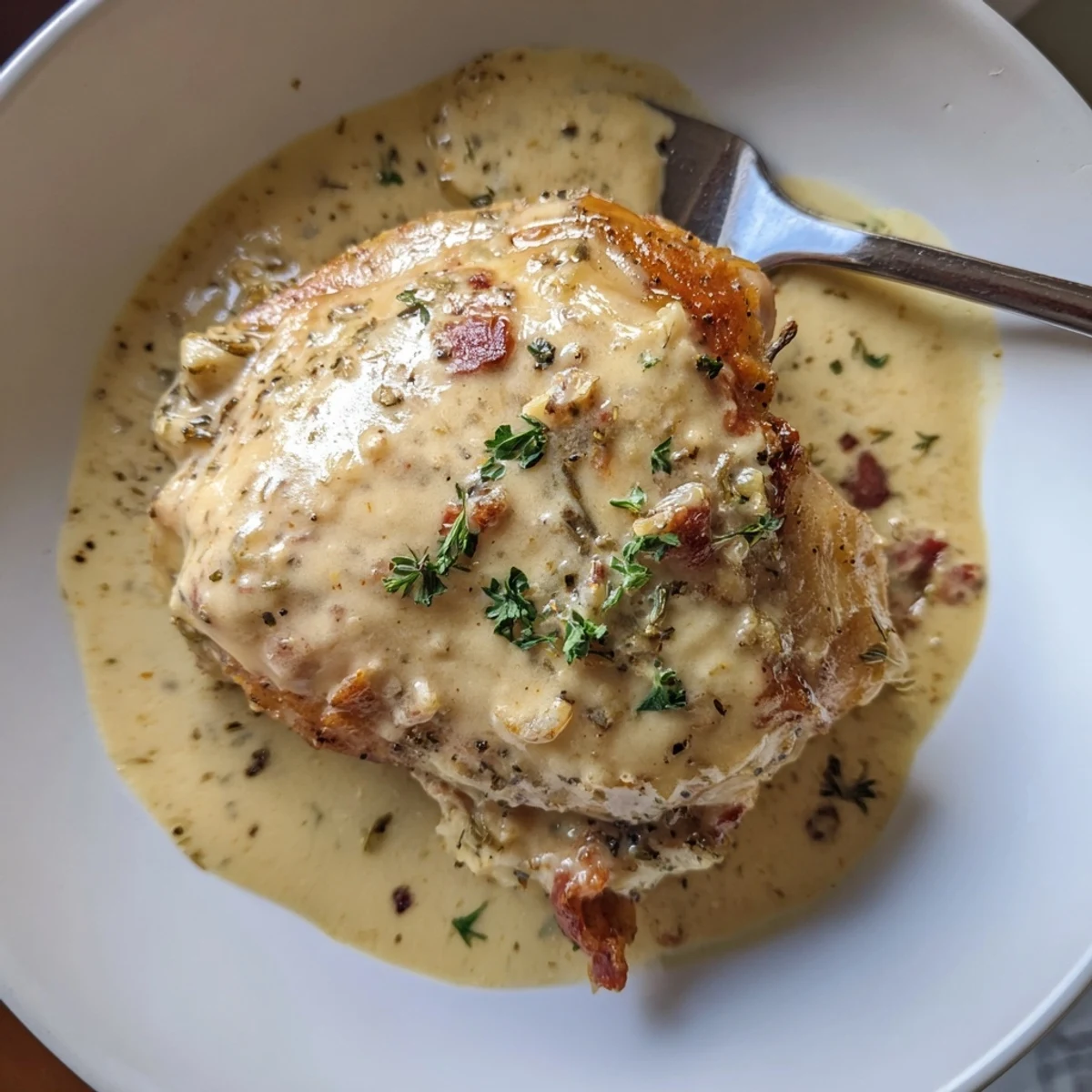 Pan seared Creamy Garlic Chicken Thighs With Herbs in silky sauce