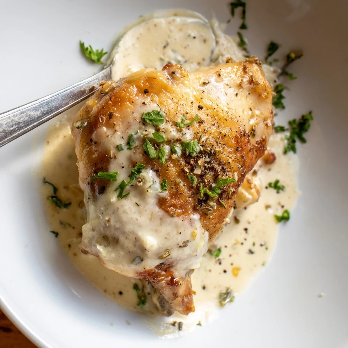 Rustic plate of Creamy Garlic Chicken Thighs With Herbs beside mashed potatoes