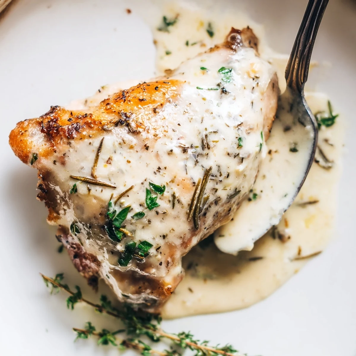 Creamy Garlic Chicken Thighs With Herbs simmering in fragrant cream, ready to serve