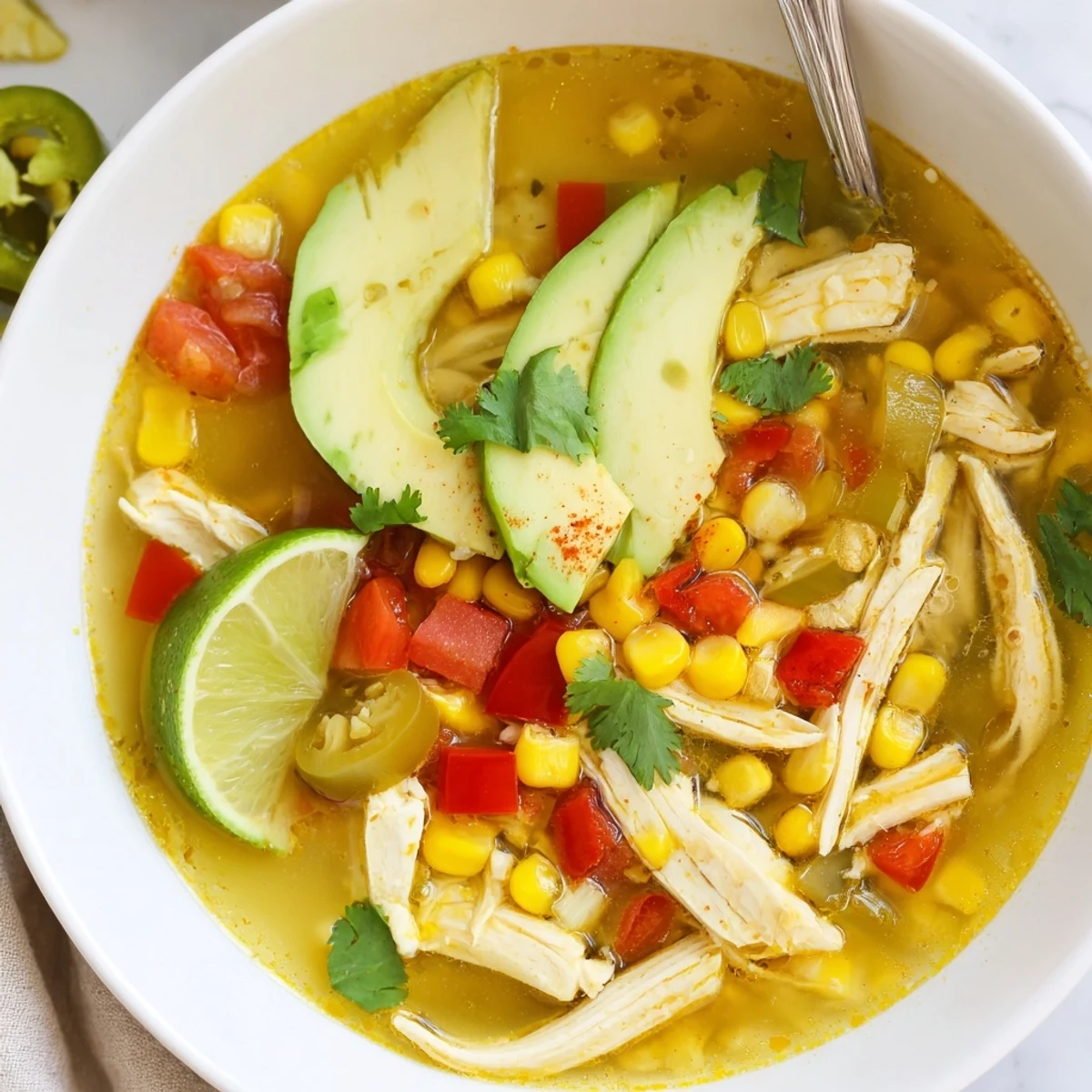 Steaming bowl of Bold Zesty Chicken Lime Soup Recipe with cilantro and lime wedge