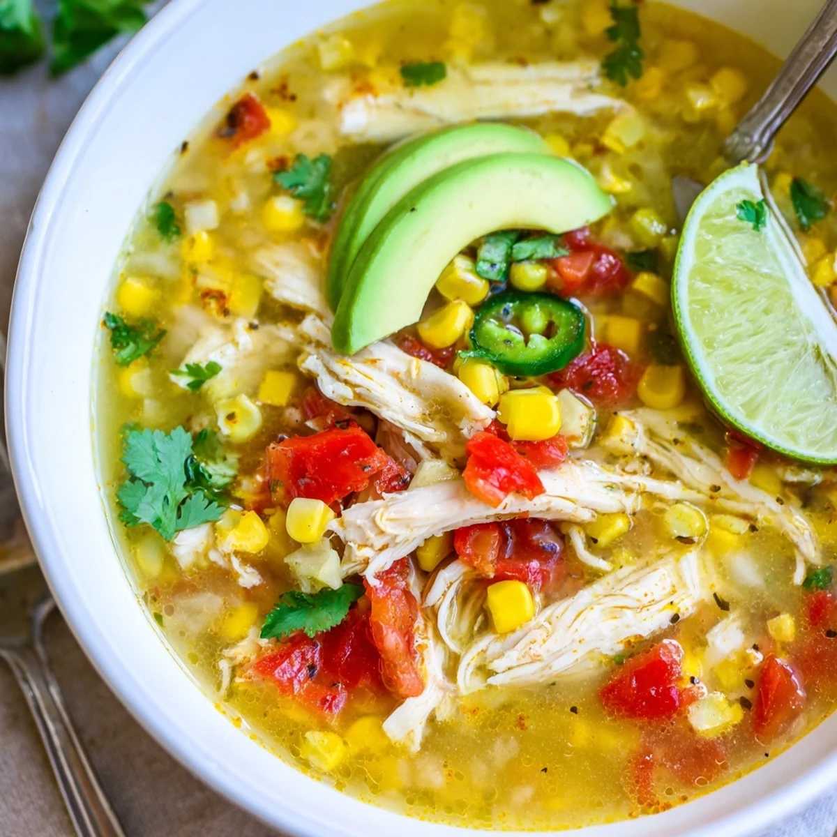 Bright, tangy Bold Zesty Chicken Lime Soup Recipe topped with sliced avocado