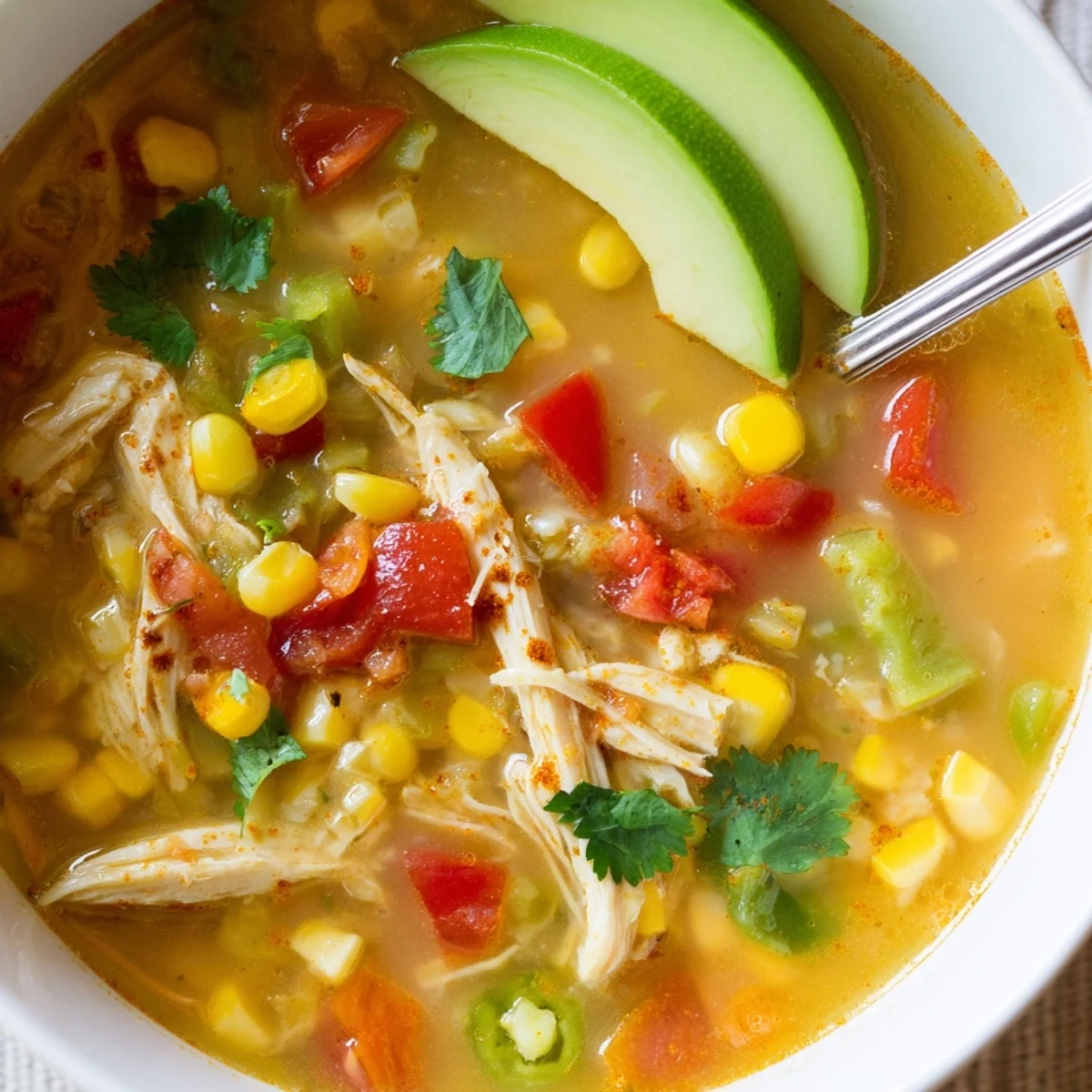 Slow-simmered Bold Zesty Chicken Lime Soup Recipe brimming with corn, jalapeño heat