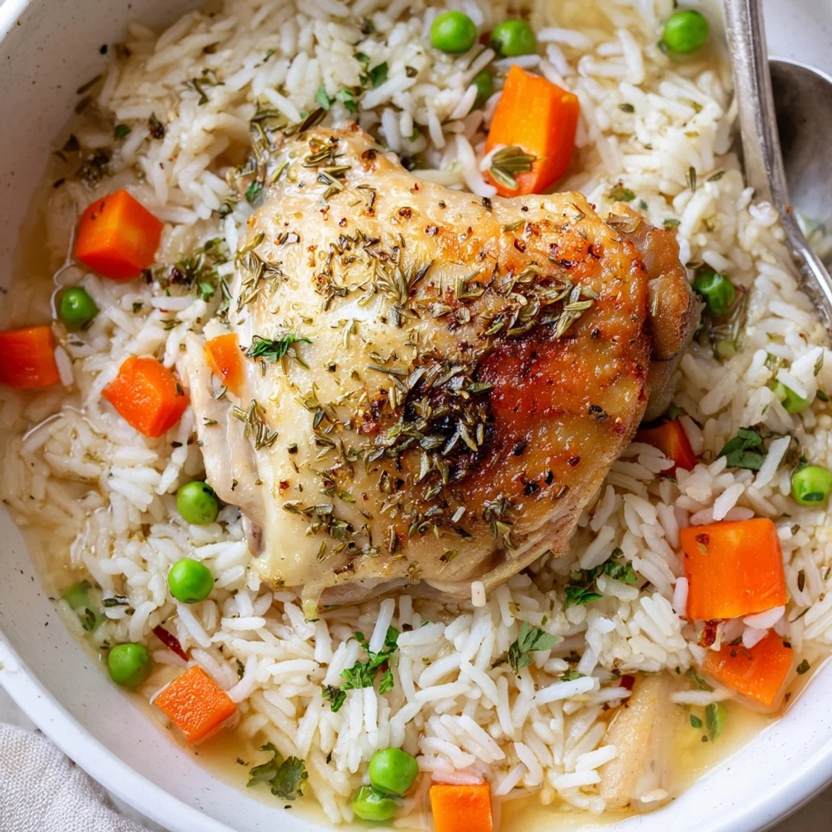 Bowl of Slow Cooker Lemon Herb Chicken And Rice, tender thighs, lemony broth