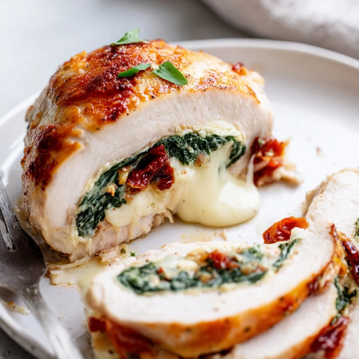 Sliced Cheesy Spinach Stuffed Chicken Sun Dried Tomato Flavor on lemony roasted potatoes