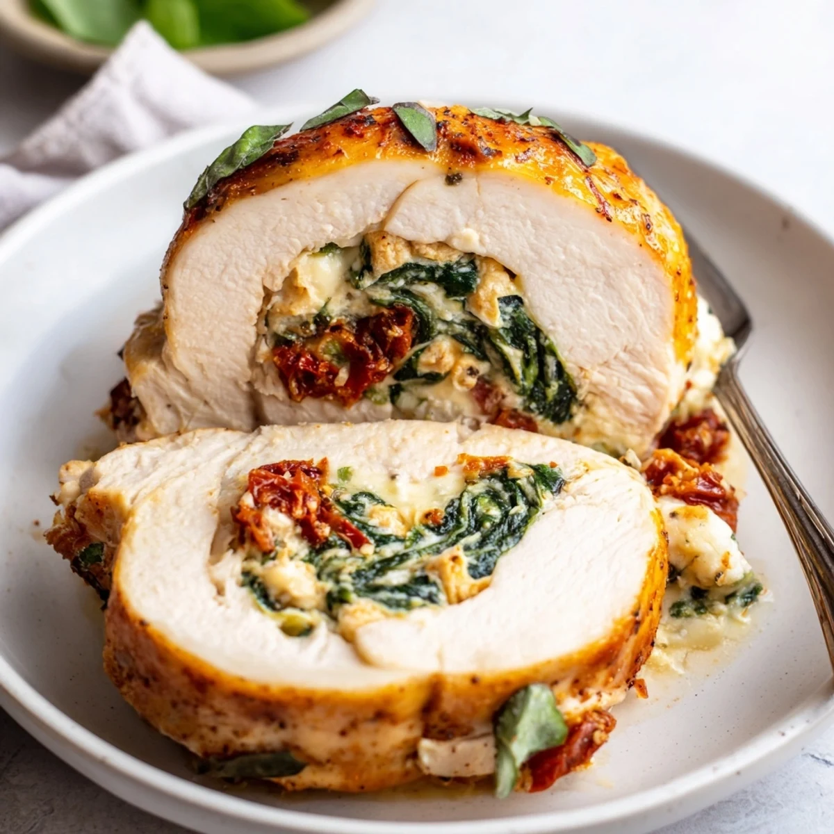 Golden seared Cheesy Spinach Stuffed Chicken Sun Dried Tomato Flavor oozing melted mozzarella
