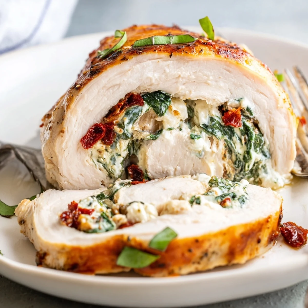 Fork tender Cheesy Spinach Stuffed Chicken Sun Dried Tomato Flavor garnished with fresh basil