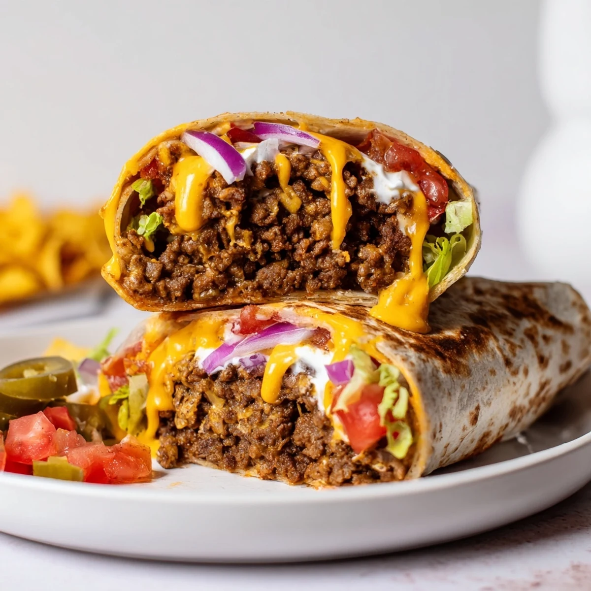 Warm Ultimate Cheesy Beef Crunch Wraps on plate with sour cream dipping