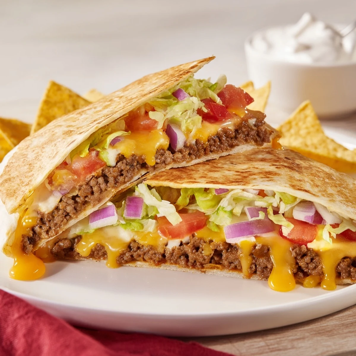 Ultimate Cheesy Beef Crunch Wraps sliced, melty cheese oozing, crispy tortilla edges