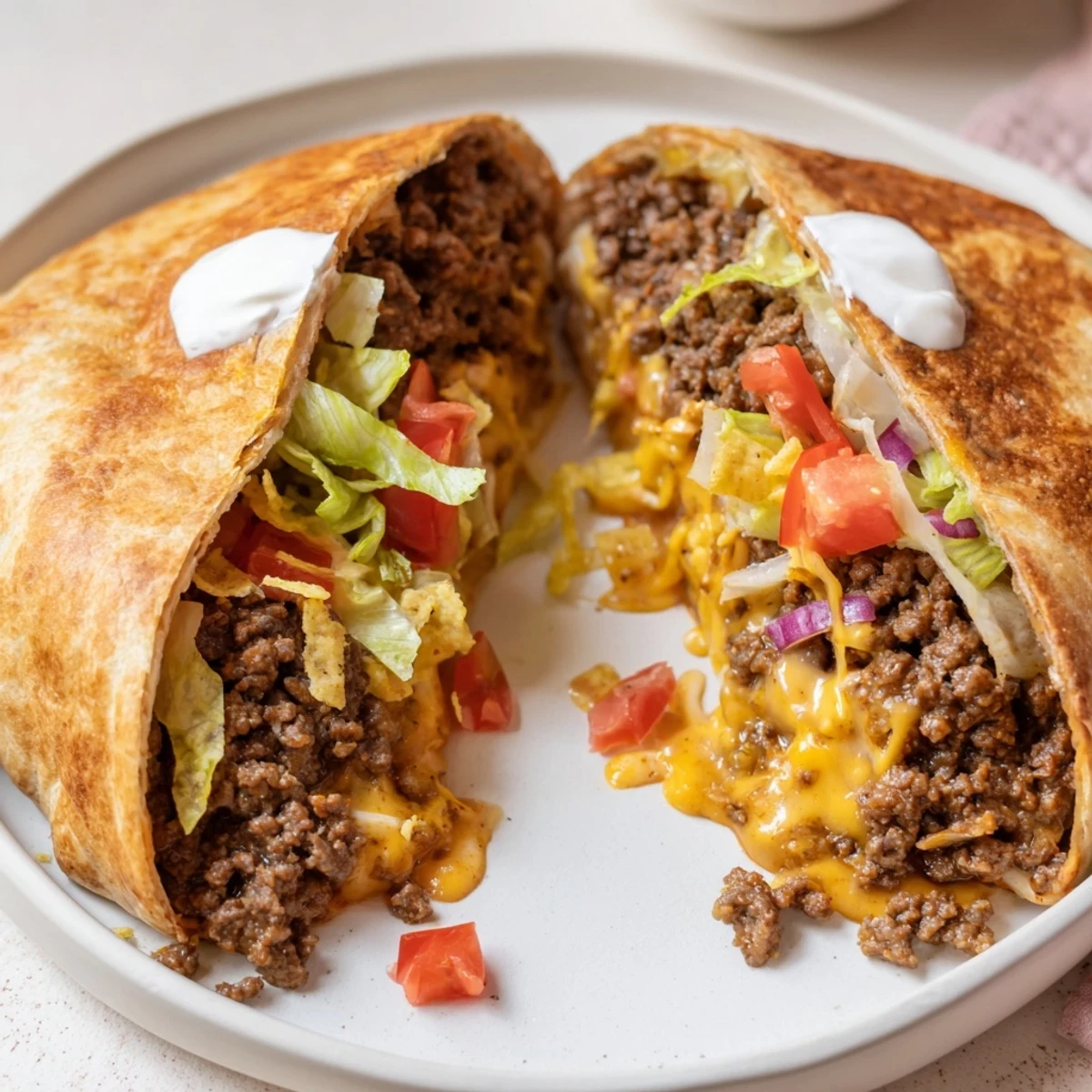 Crispy skillet toasted Ultimate Cheesy Beef Crunch Wraps paired with fresh tomato salsa