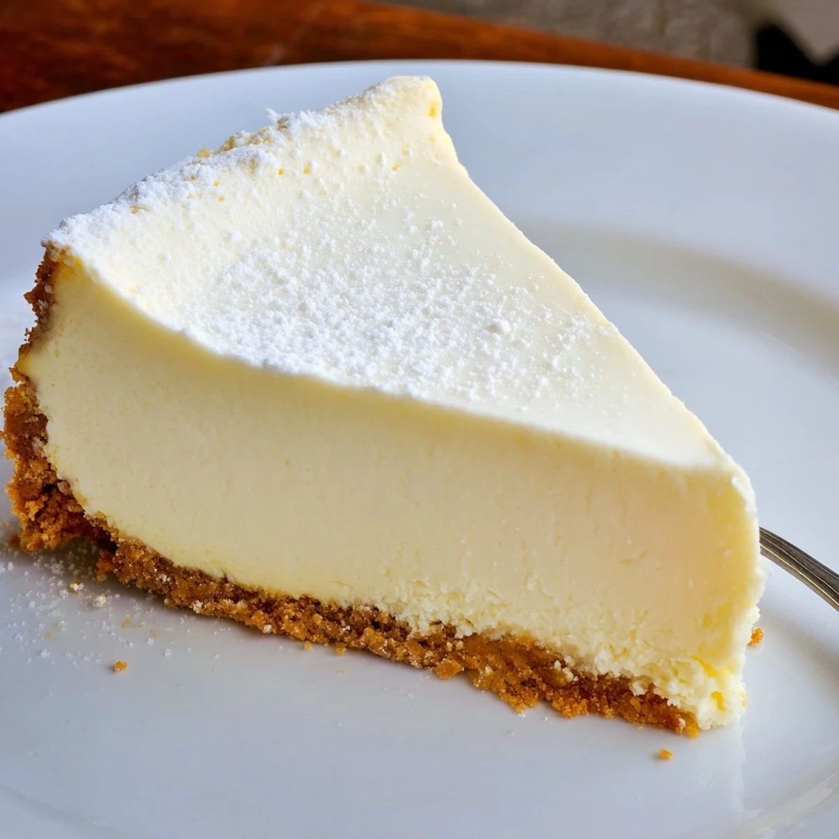 Sliced Classic Cheesecake resting on plate, smooth filling and tangy lemon hint