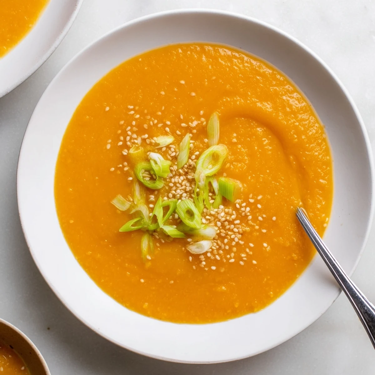 Carrot Ginger Miso Soup Recipe: silky orange puree garnished with scallions  