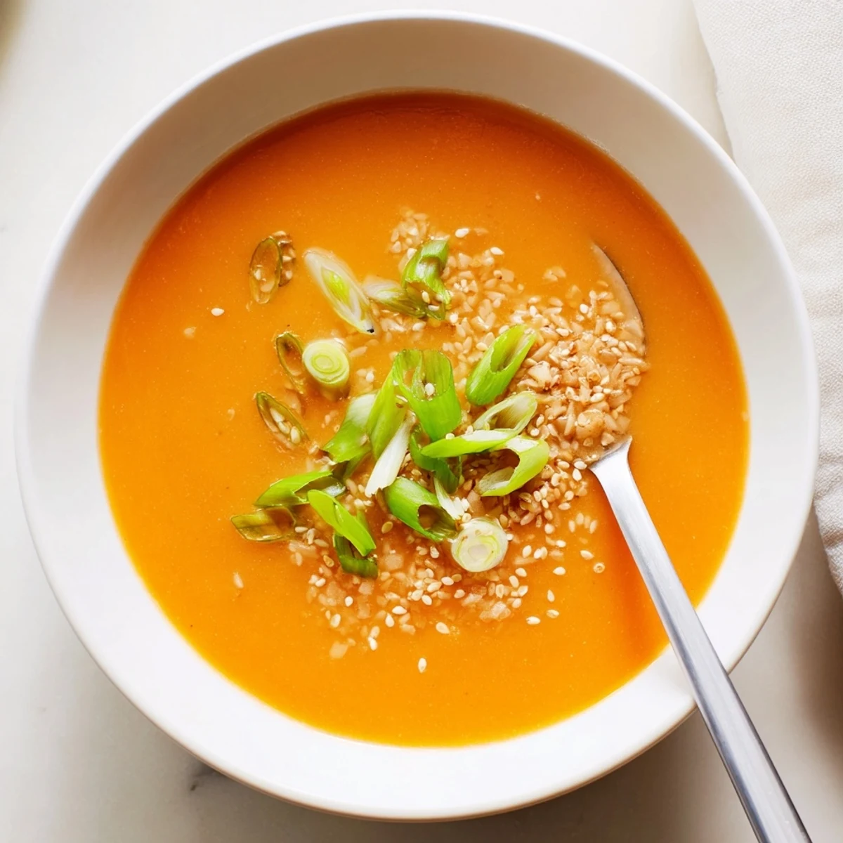 Hearty Carrot Ginger Miso Soup Recipe topped with toasted sesame seeds and scallions