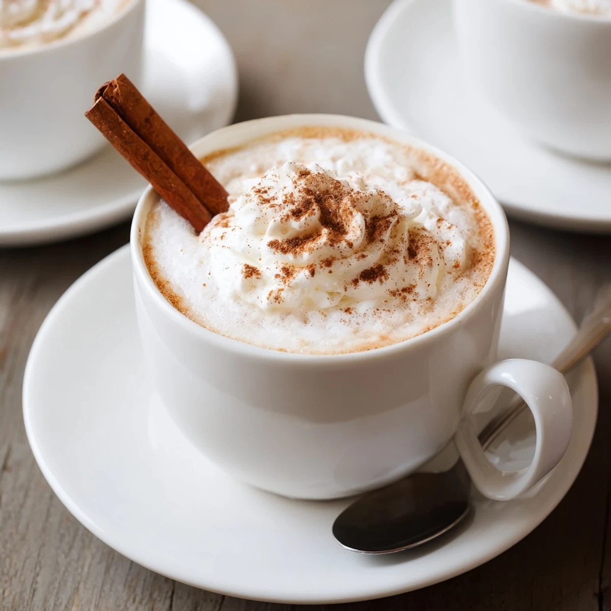 Cozy Winter Lattes steaming in ceramic mugs, frothy cream and cinnamon dusting
