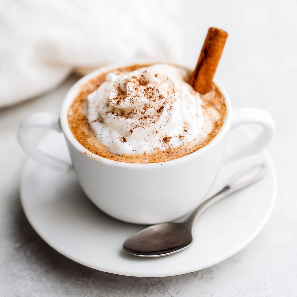 Two Cozy Winter Lattes topped with whipped cream and a cinnamon stick