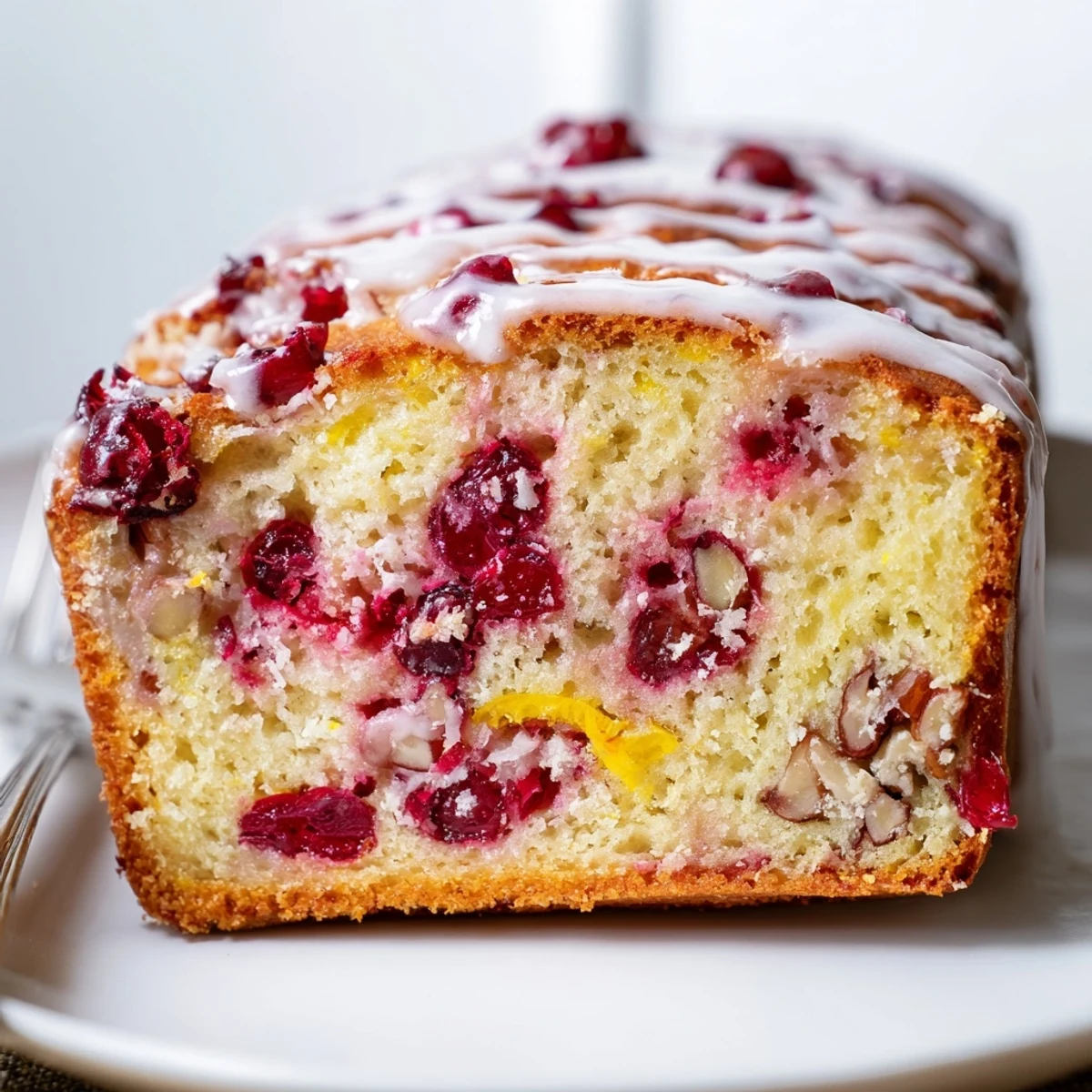 Cranberry Orange Bread sliced on a wire rack, steaming, citrus aroma  