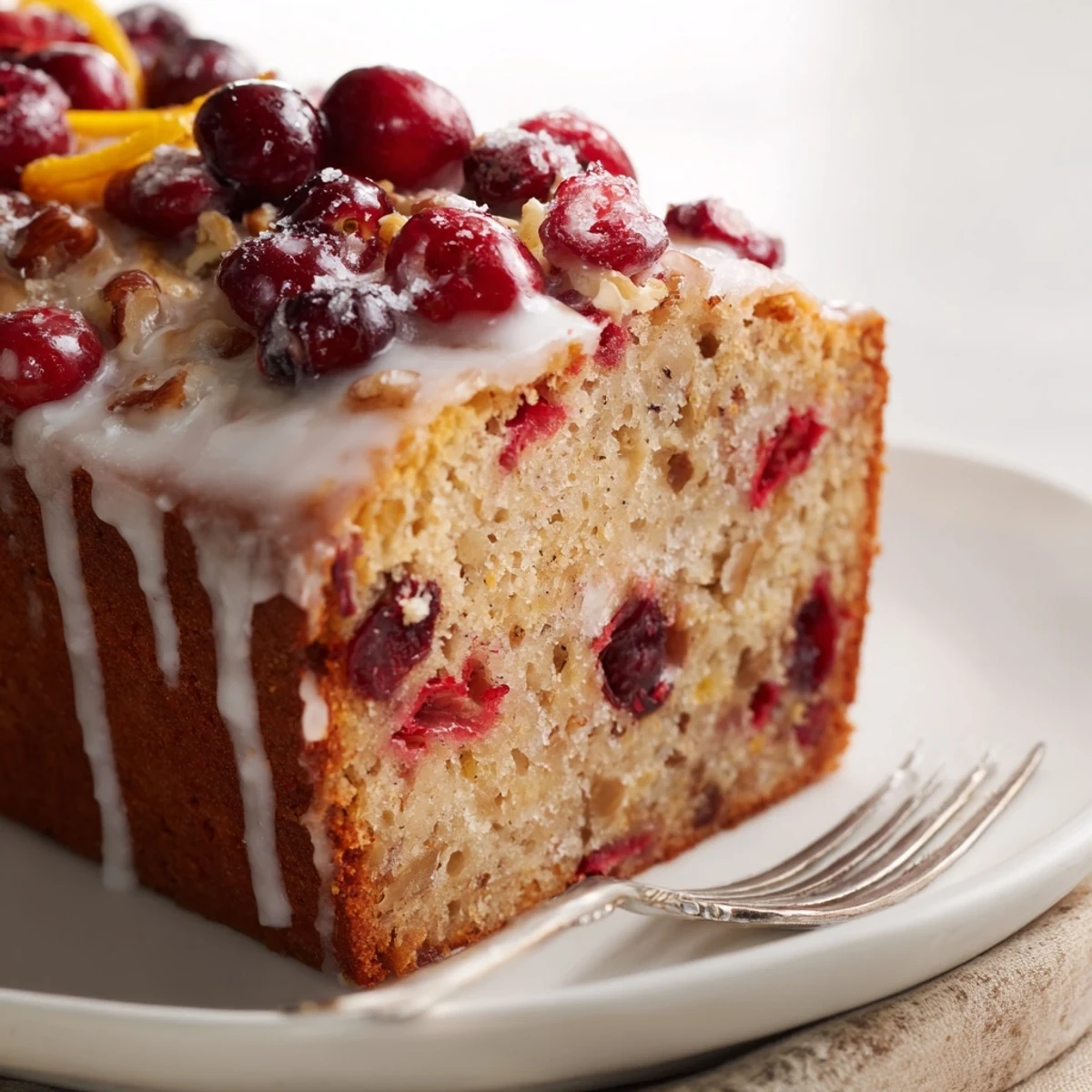 Warm Cranberry Orange Bread drizzled with orange glaze, ideal for breakfast
