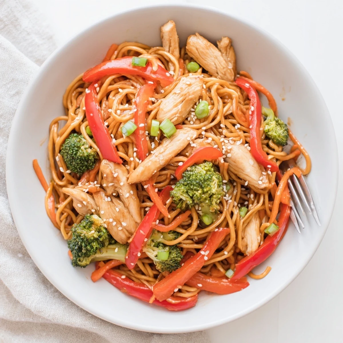 Chicken Ramen Stir Fry sizzling in a wok with vibrant crisp vegetables