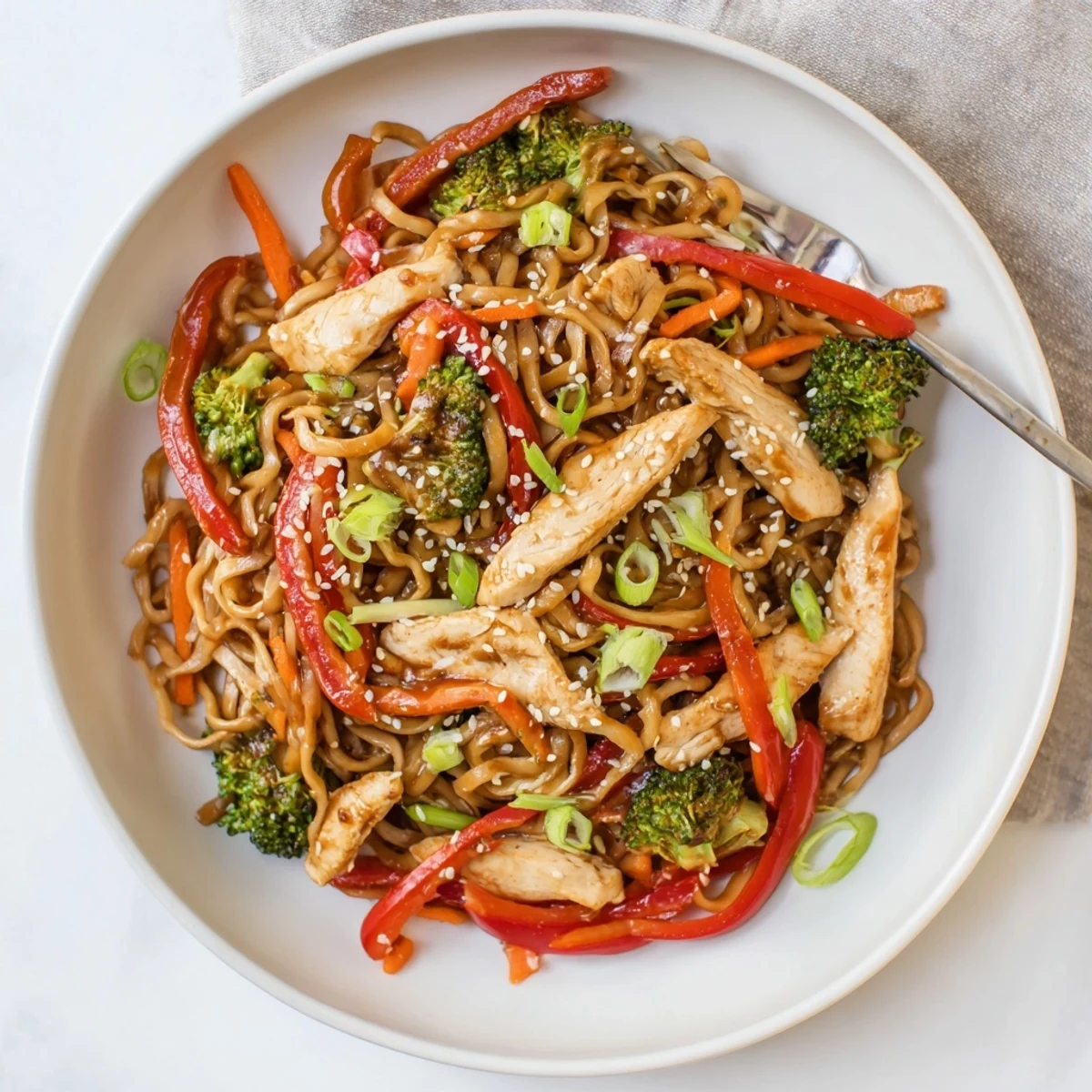 Weekend dinner: Chicken Ramen Stir Fry plated with green onions and lime