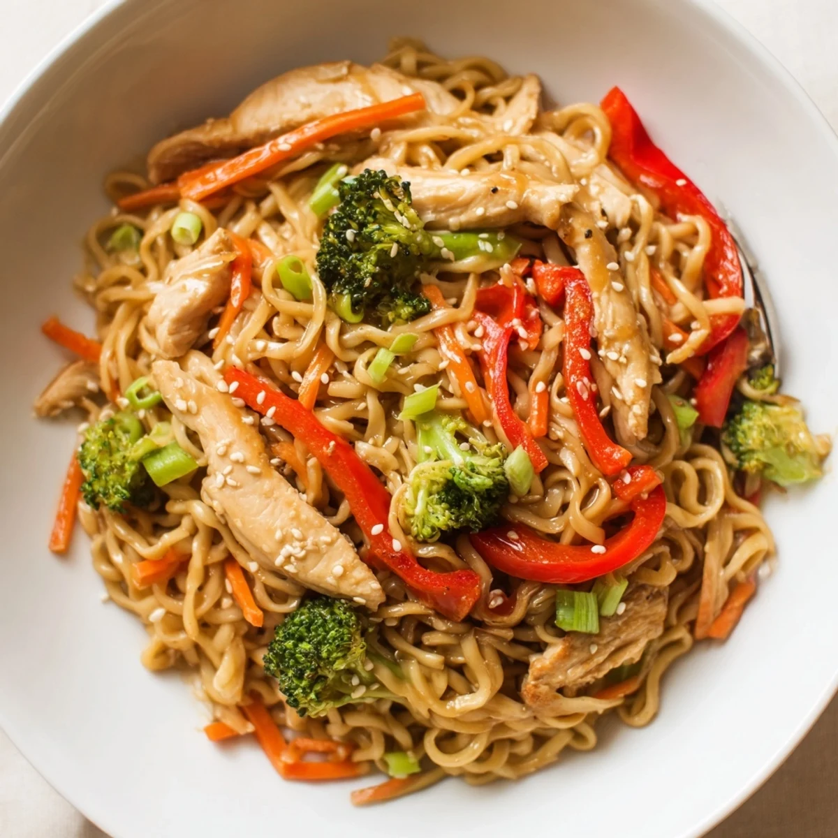 Bright Chicken Ramen Stir Fry tossed in savory sauce, garnished with sesame