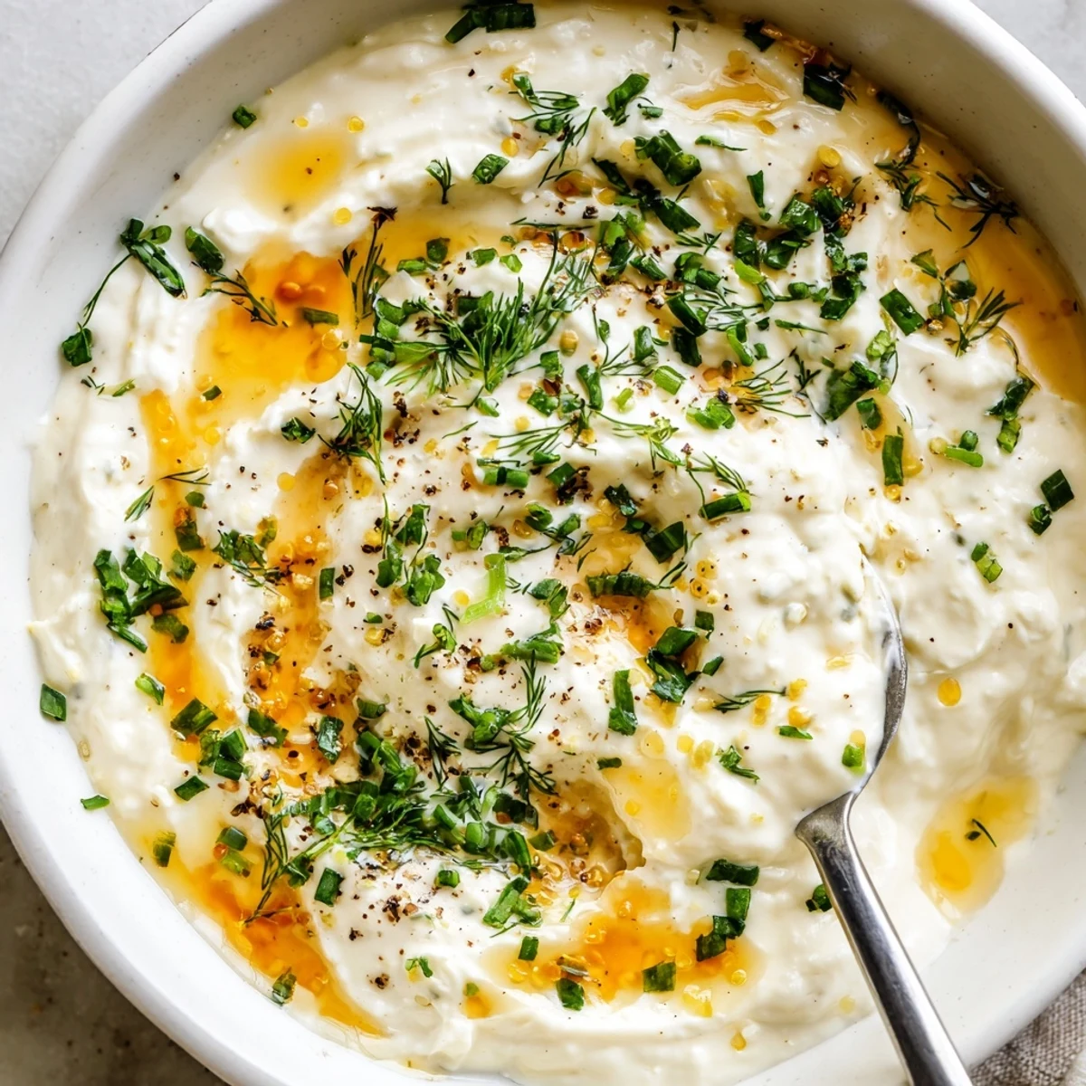 Hot Honey Ranch Dip in bowl drizzled with honey, sprinkled fresh herbs