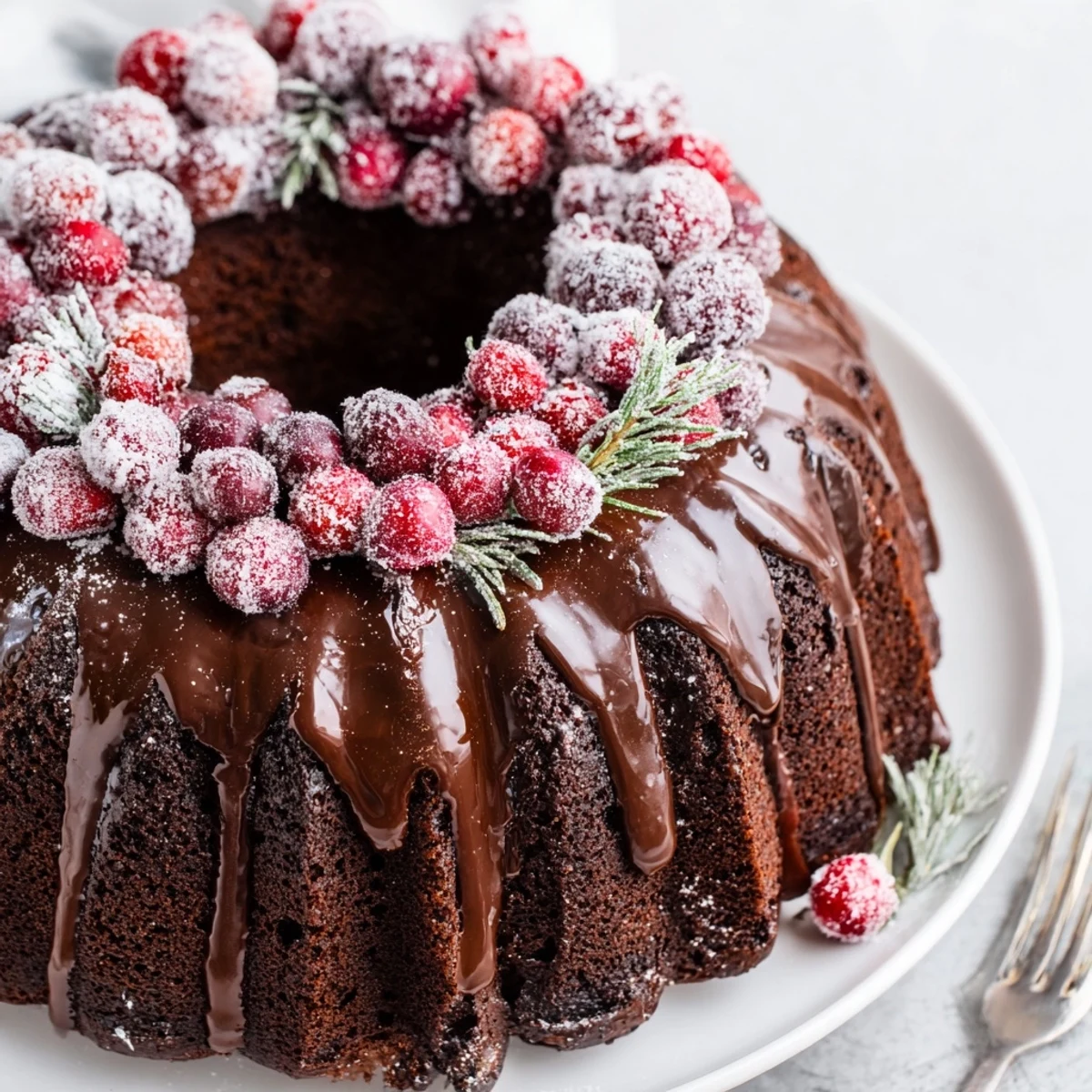 Warm Chocolate Bundt Cake Christmas Wreath on a wire rack, dripping glaze.