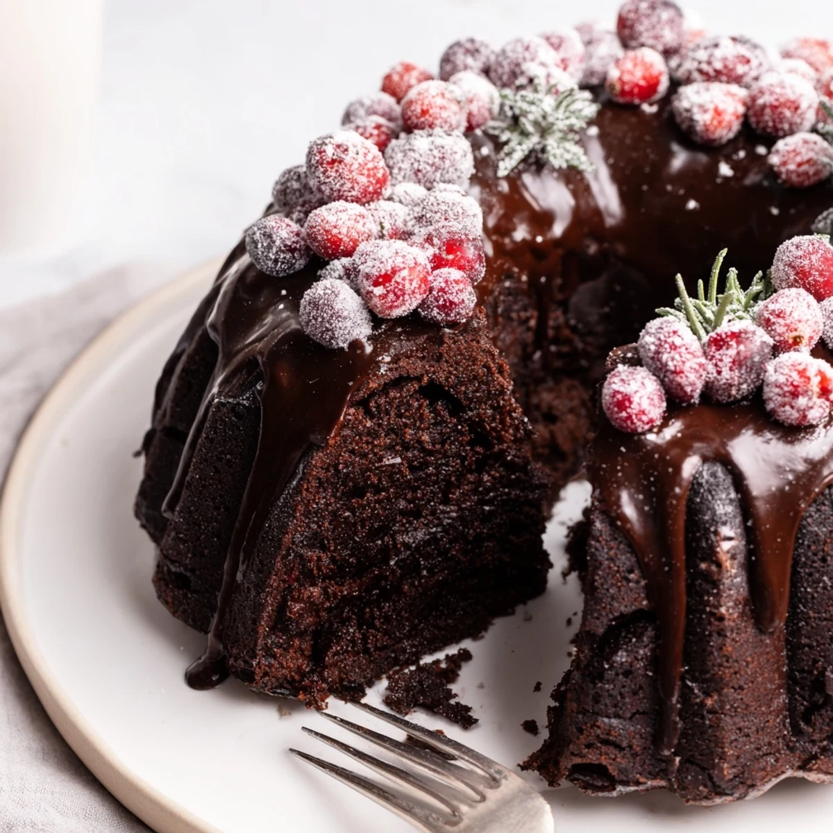 Chocolate Bundt Cake Christmas Wreath with glossy glaze, sugared cranberries, rosemary sprigs.