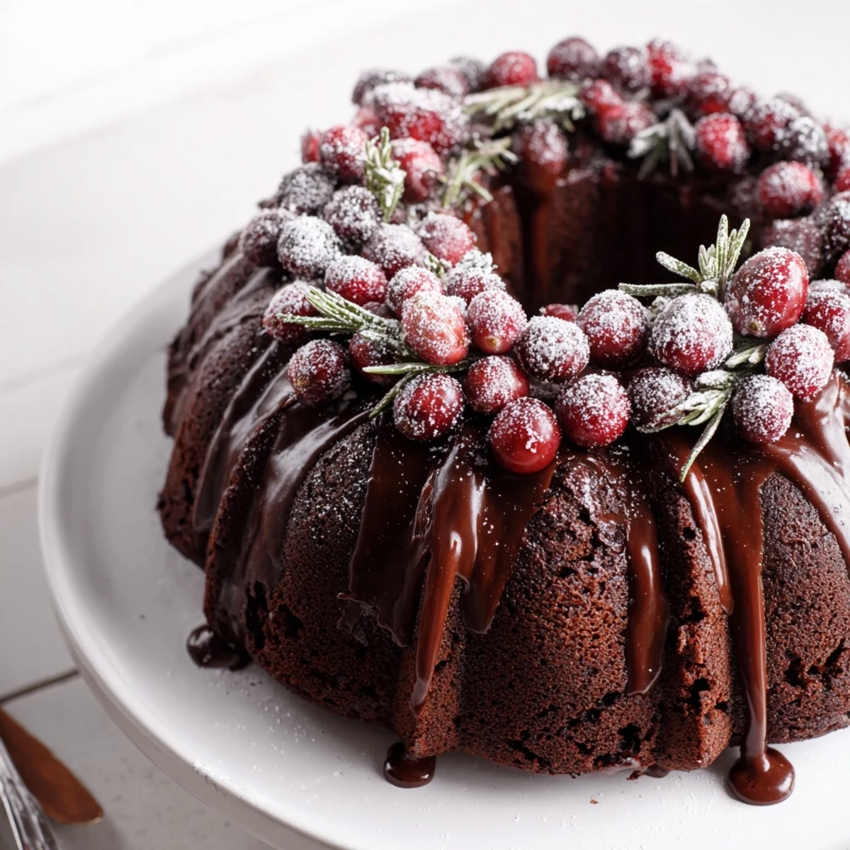 Chocolate Bundt Cake Christmas Wreath dusted with powdered sugar, served with hot cocoa.