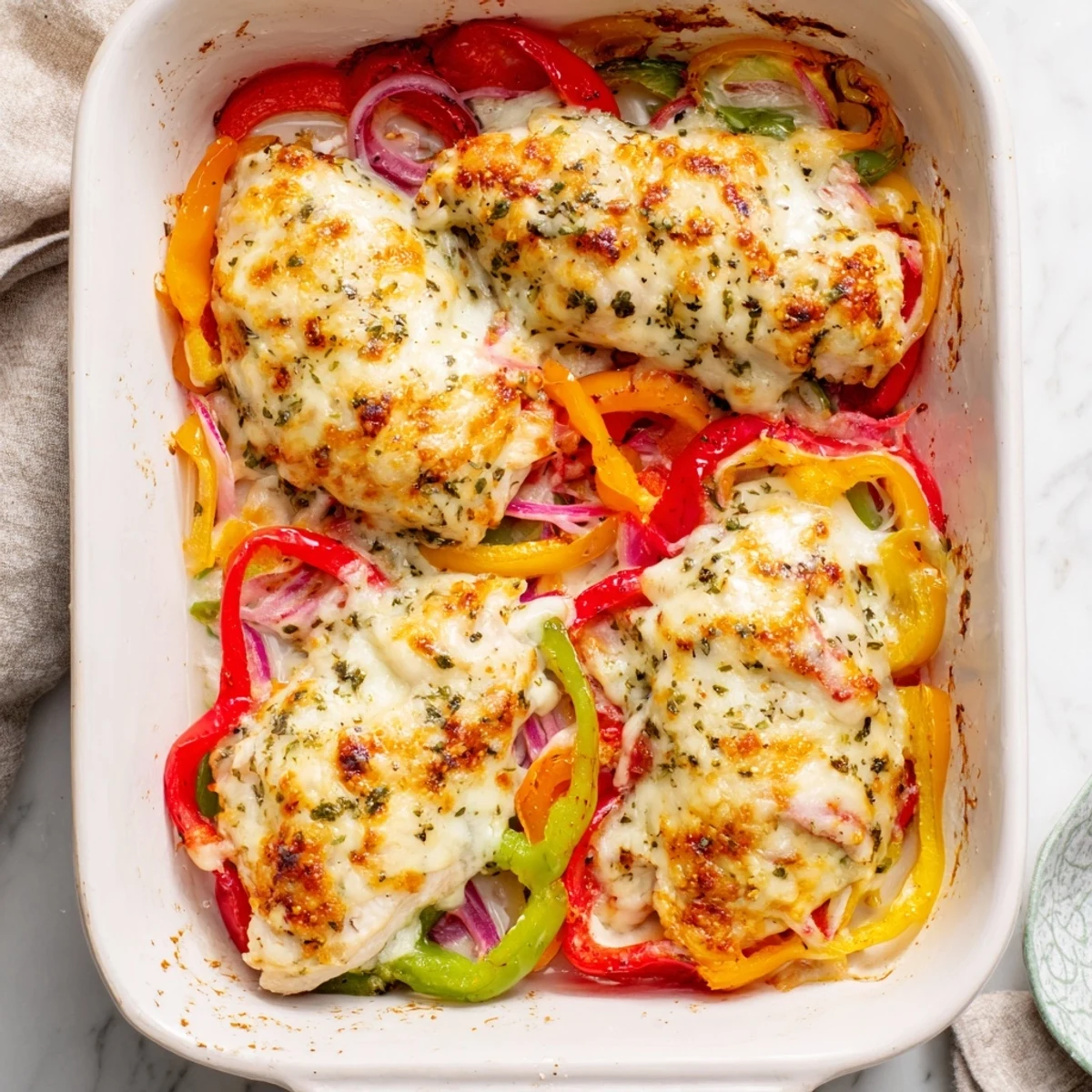 Golden bubbly cheese blankets tender cheesy baked chicken breast and peppers alongside colorful roasted vegetables