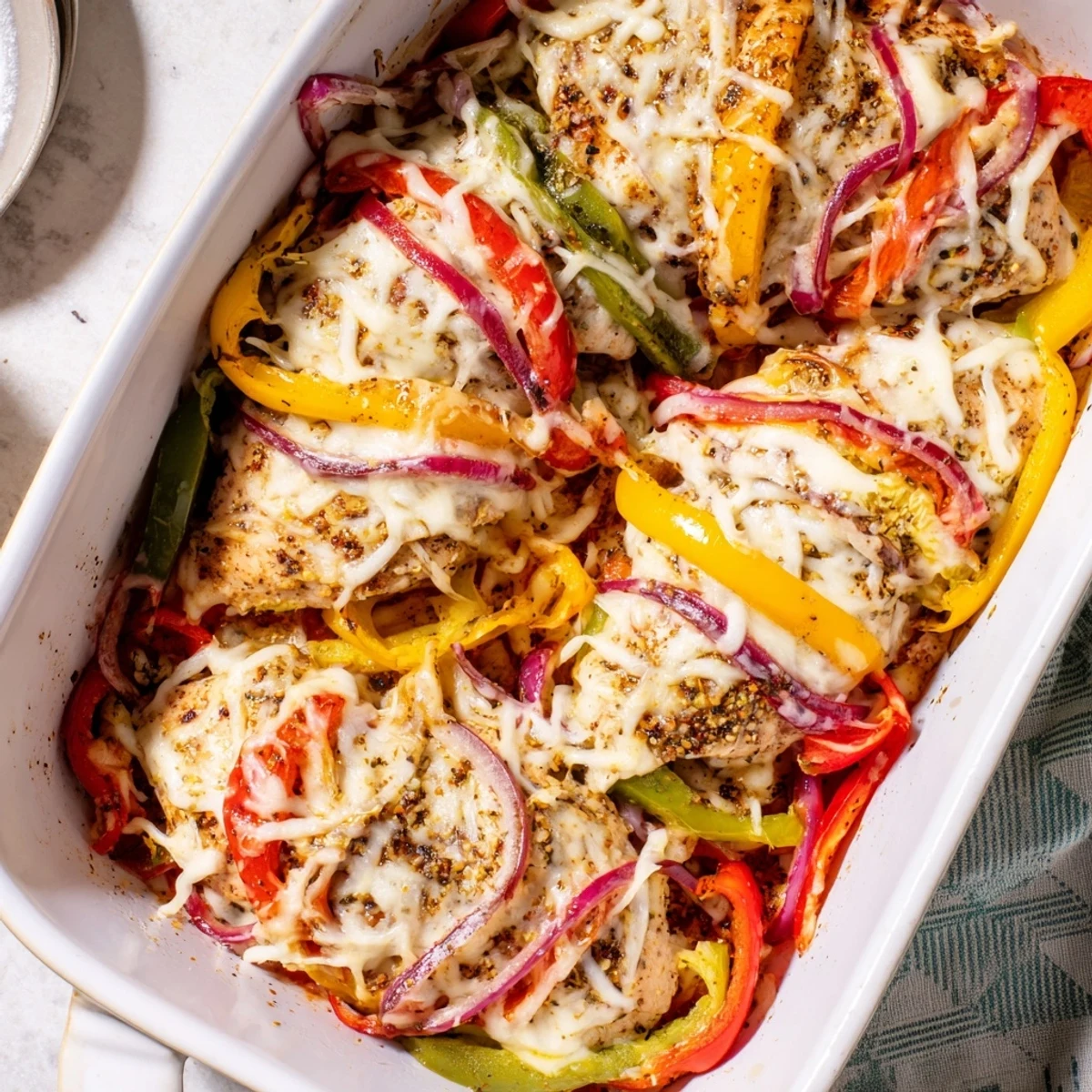 Juicy cheesy baked chicken breast and peppers topped with melted mozzarella over vibrant red and yellow peppers