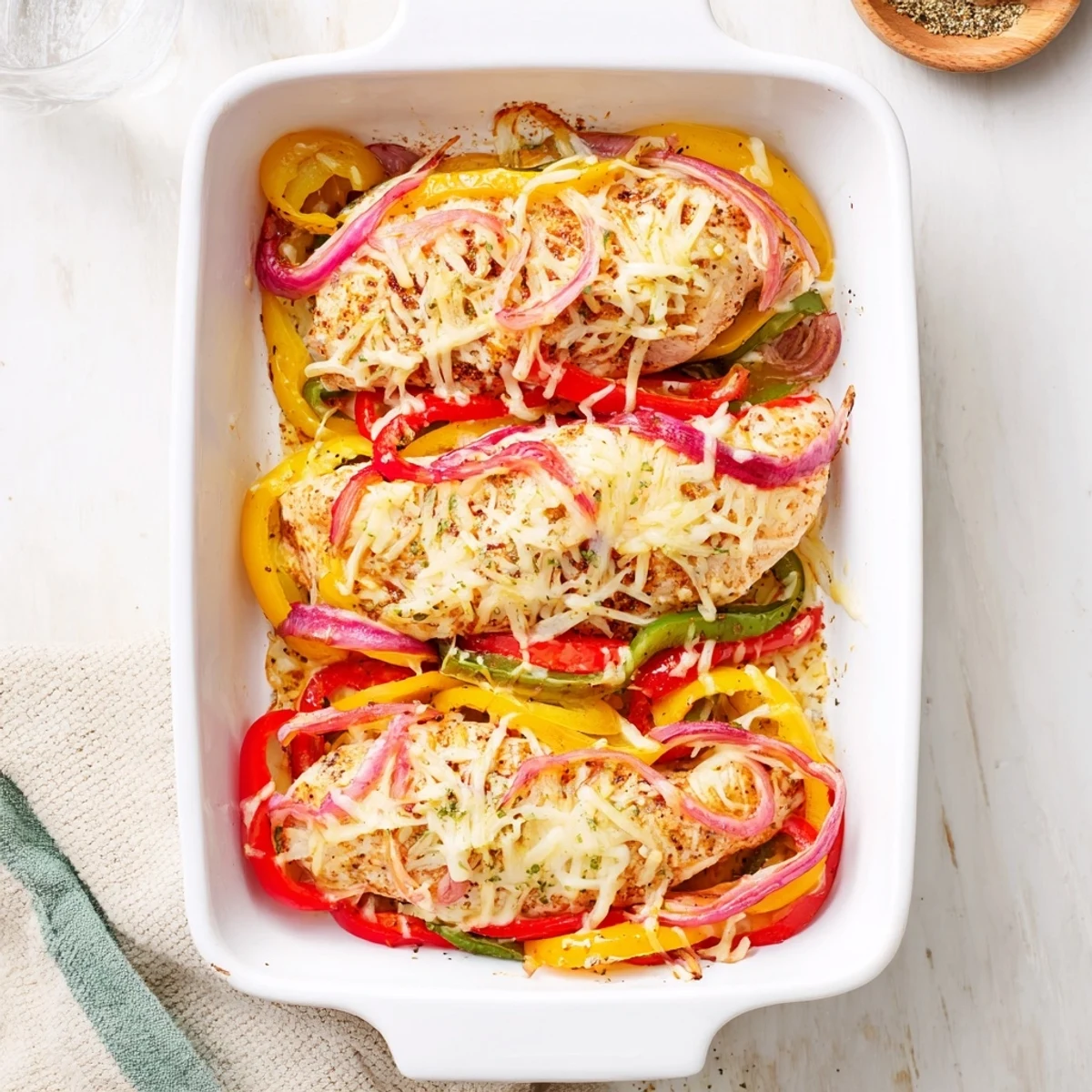 Comforting cheesy baked chicken breast and peppers casserole with golden parmesan crust and tender bell peppers