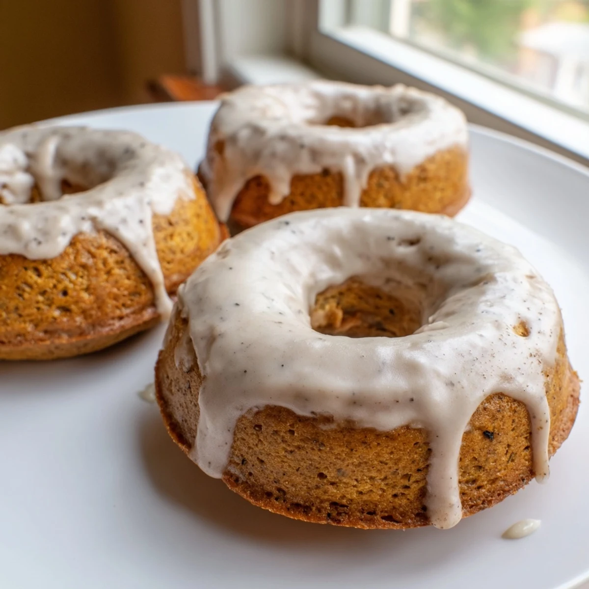 Batch of twelve warm banana bread donuts glazed and ready for breakfast served with coffee on a rustic wooden board