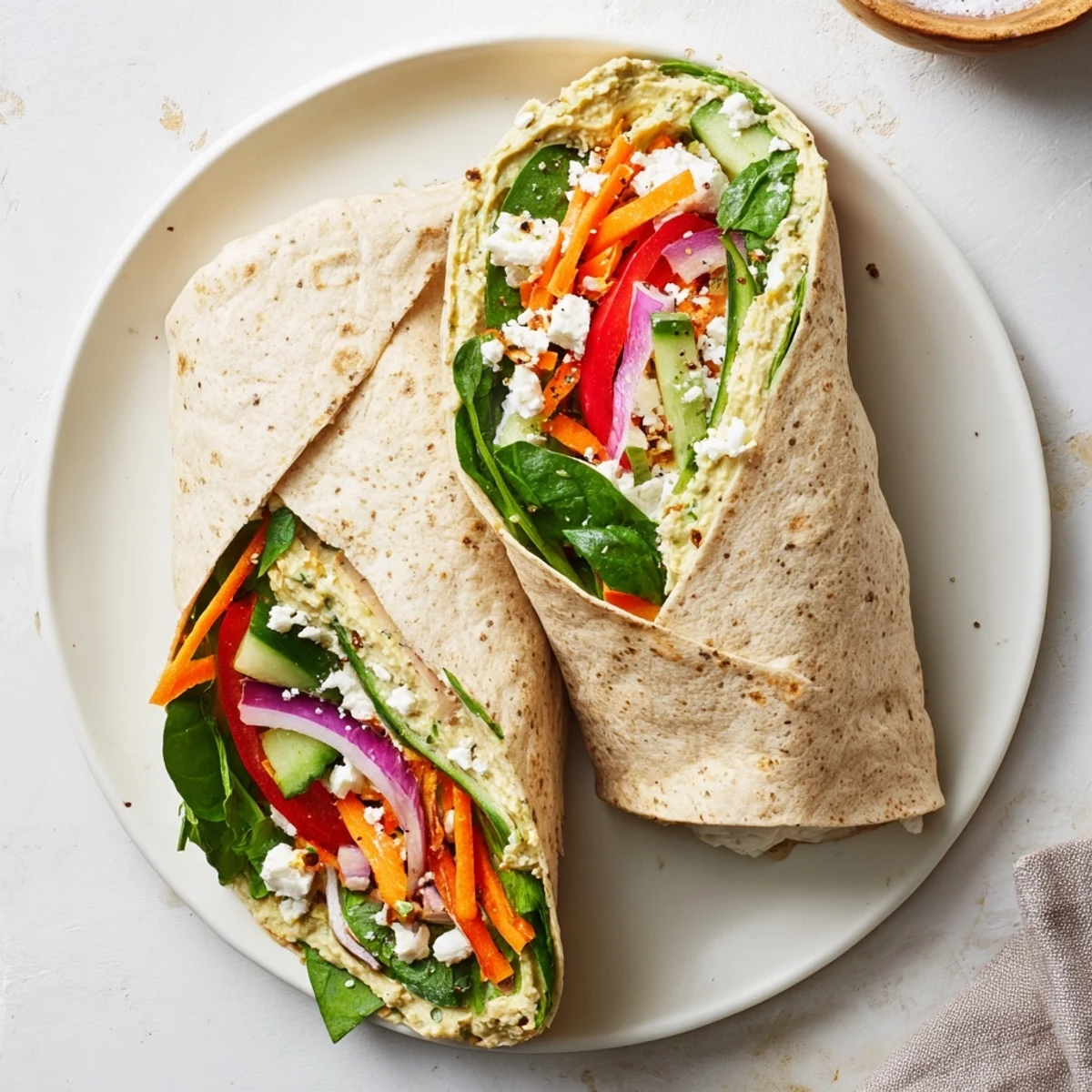 Golden hummus veggie wrap rolled with crisp spinach carrots cucumber and colorful bell pepper strips
