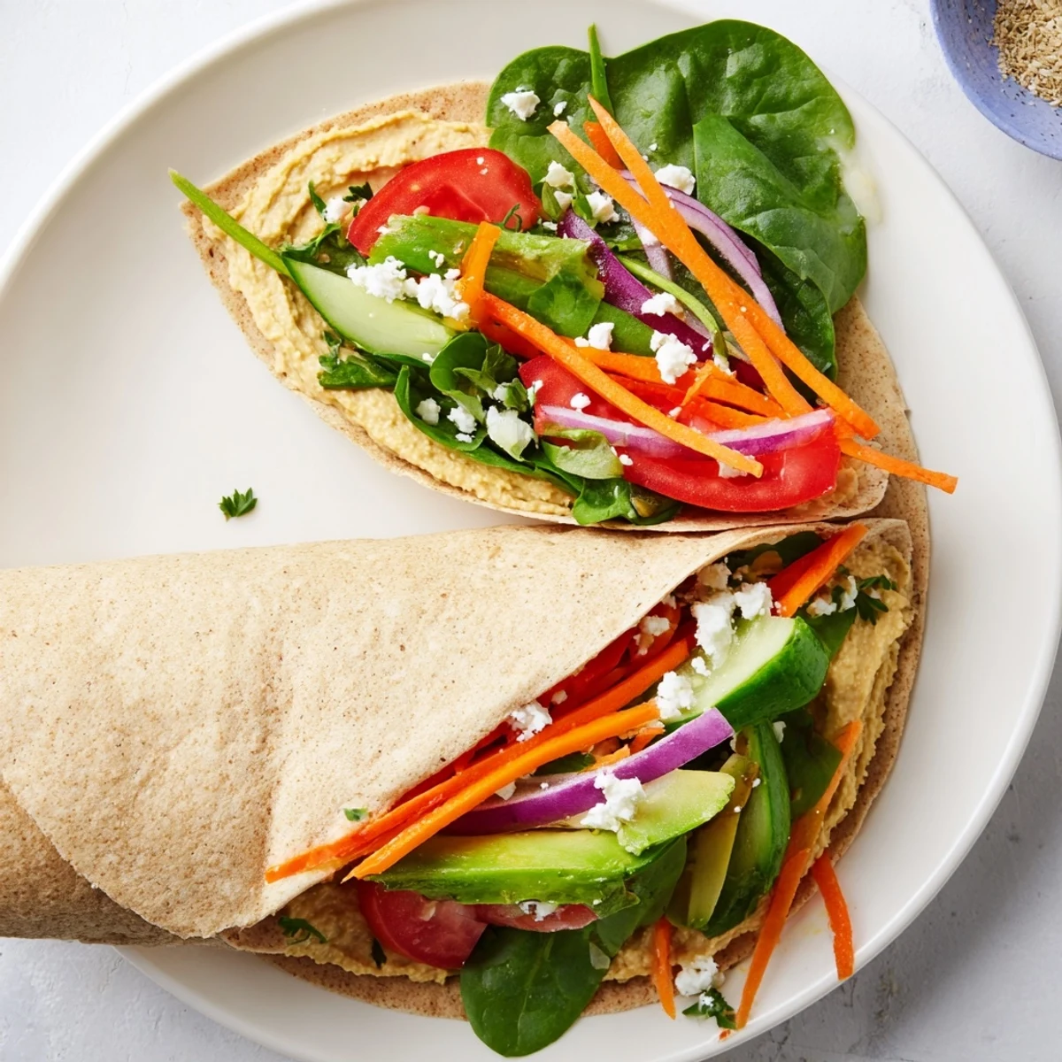 Mediterranean hummus veggie wrap sliced diagonally displaying fresh layered vegetables inside whole wheat tortilla