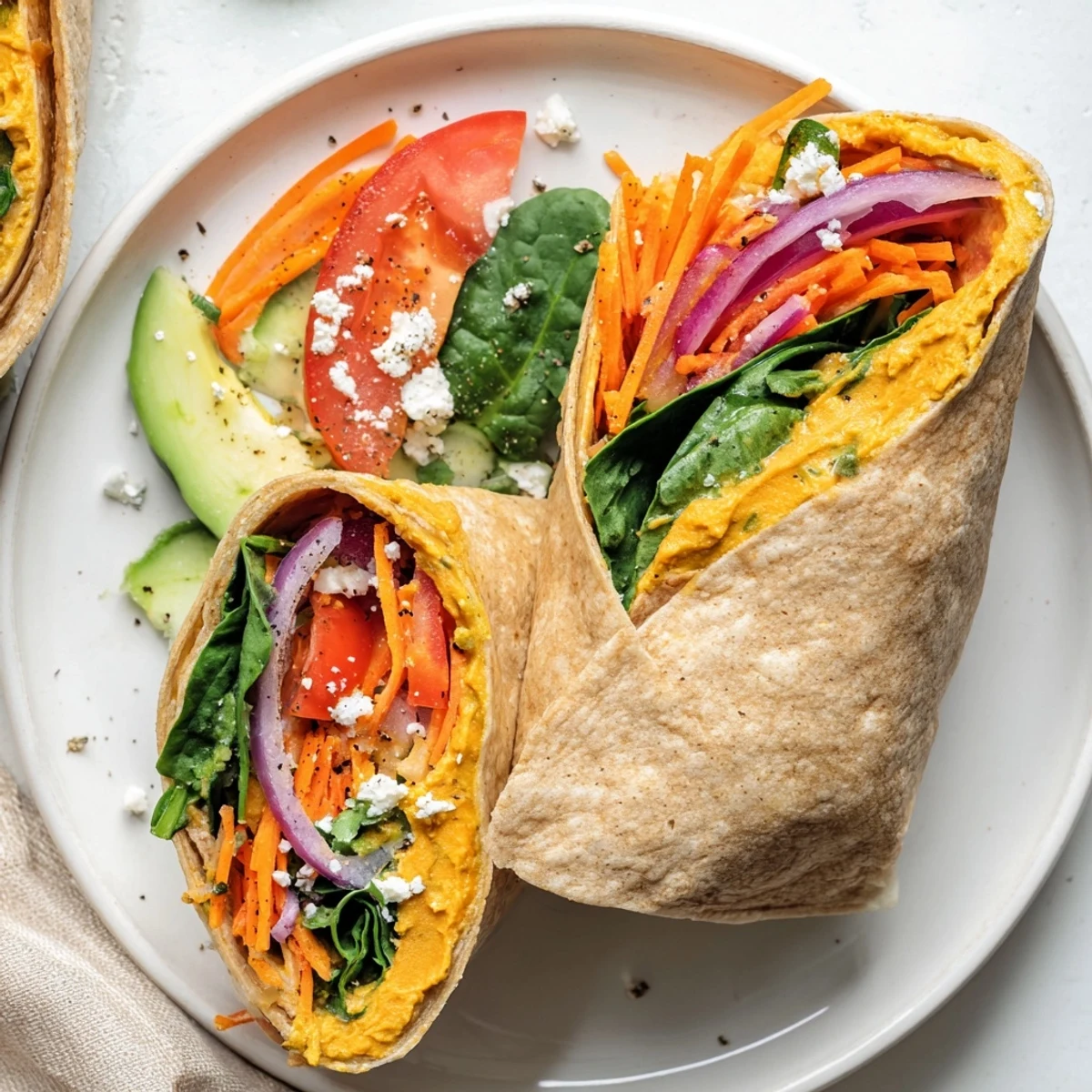 Handheld hummus veggie wrap filled with vibrant rainbow vegetables ready for quick healthy lunch