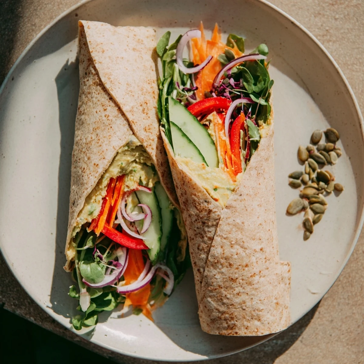 Fresh Mediterranean veggie wrap with hummus featuring sliced peppers carrots and creamy avocado