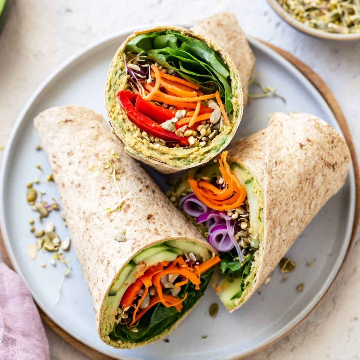 Golden whole wheat tortilla wrapped with creamy hummus and crisp colorful vegetable medley