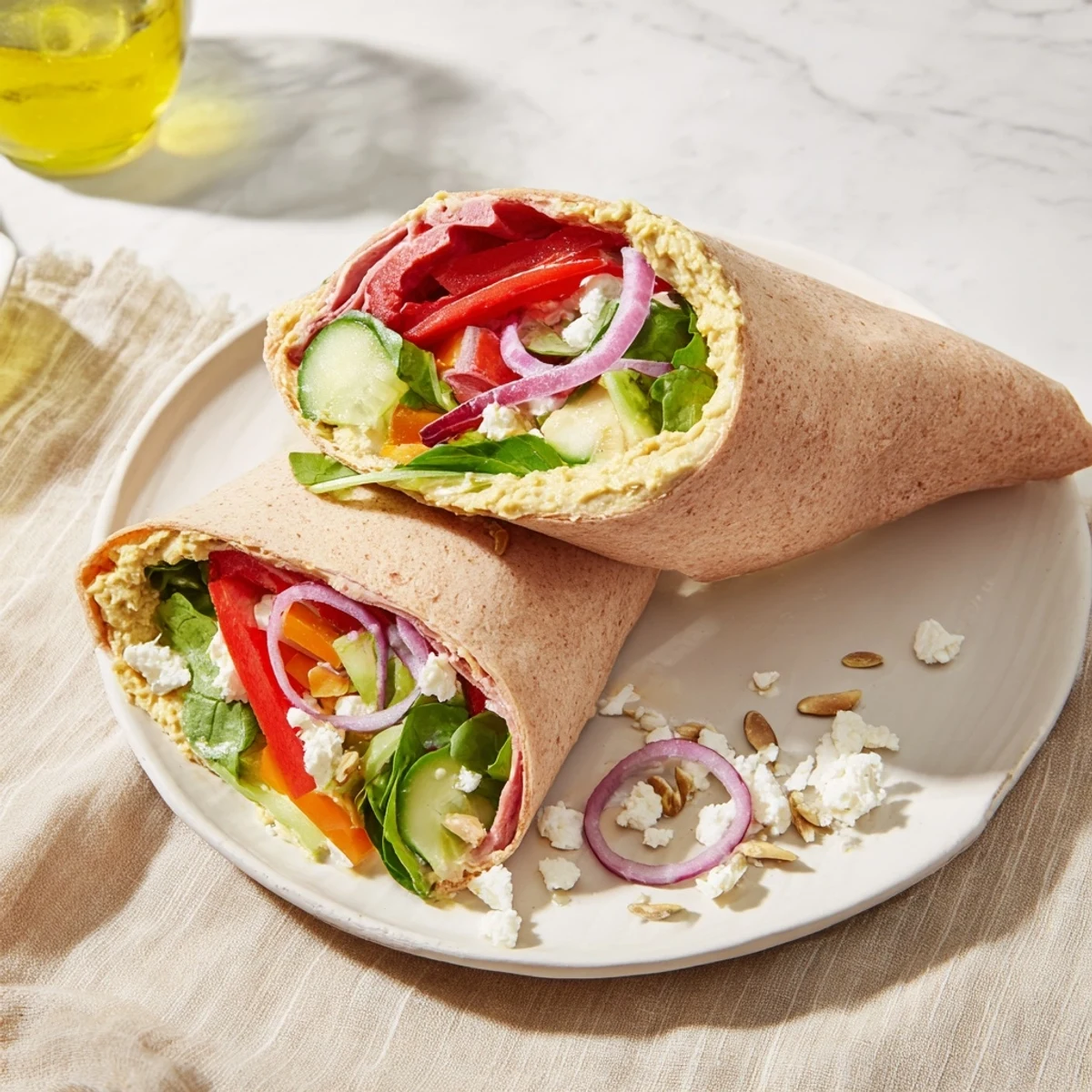 Diagonal cut veggie wrap with hummus revealing layers of spinach cucumber and bell pepper