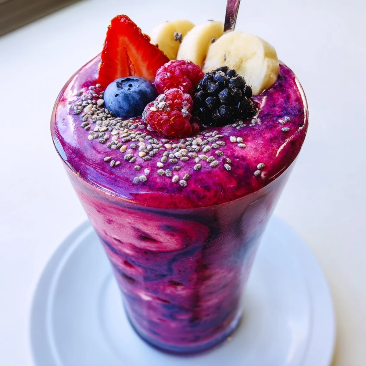 Refreshing Summer Berry Smoothie with banana and Greek yogurt, chilled.