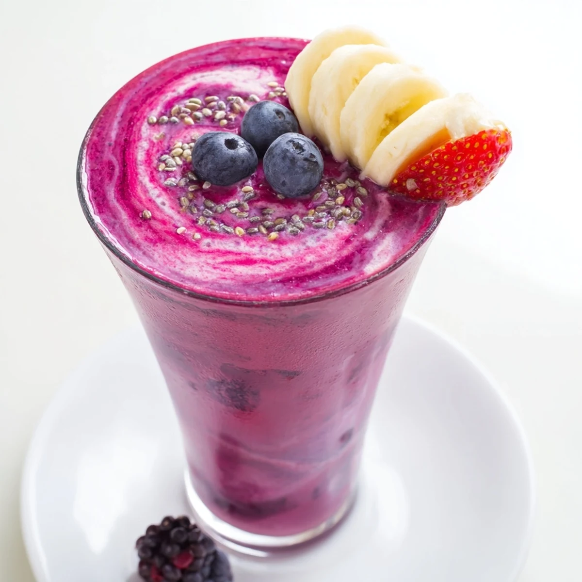 Creamy Summer Berry Smoothie poured into tall glass, bright berry aroma.