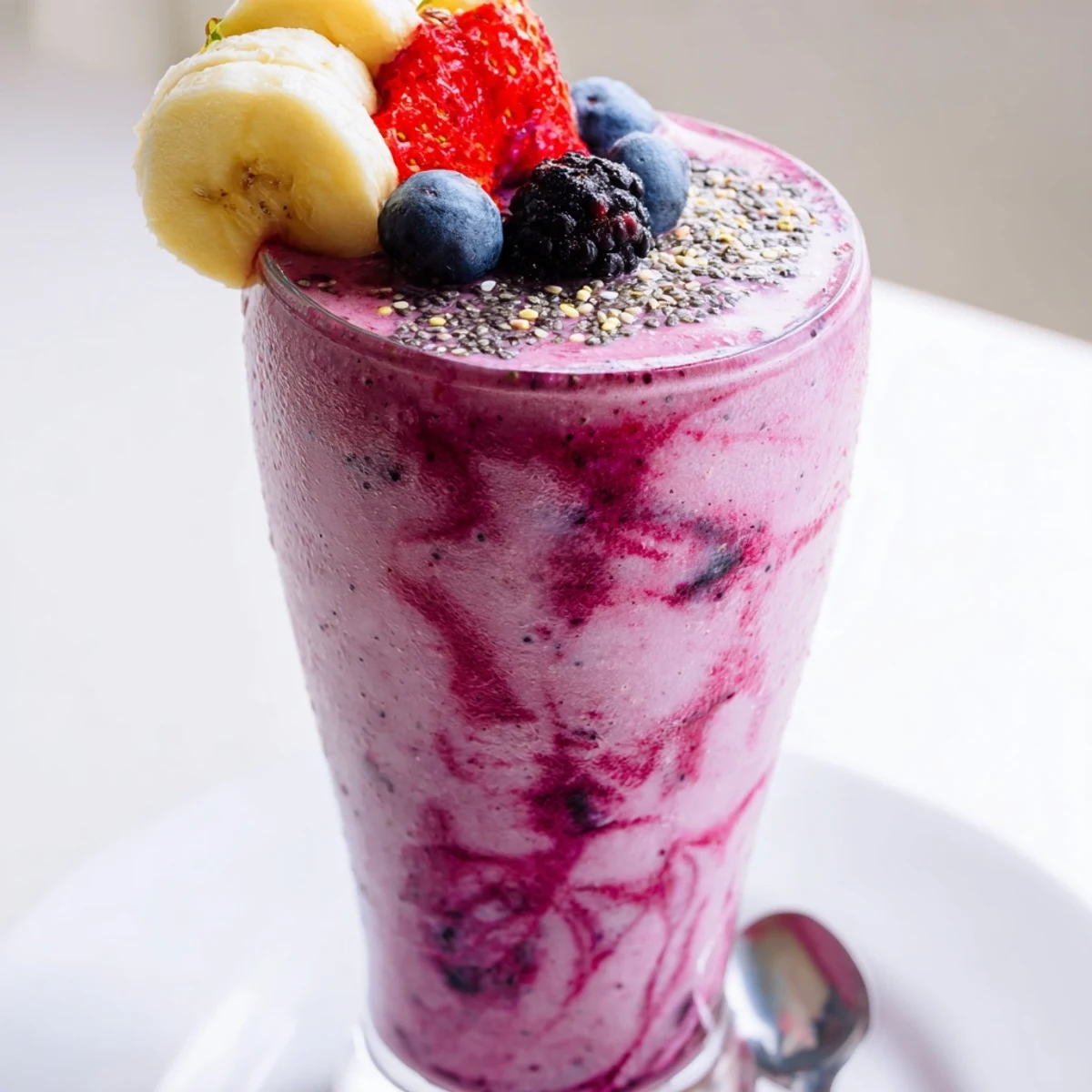 Vibrant Summer Berry Smoothie topped with fresh berries, perfect breakfast sip.