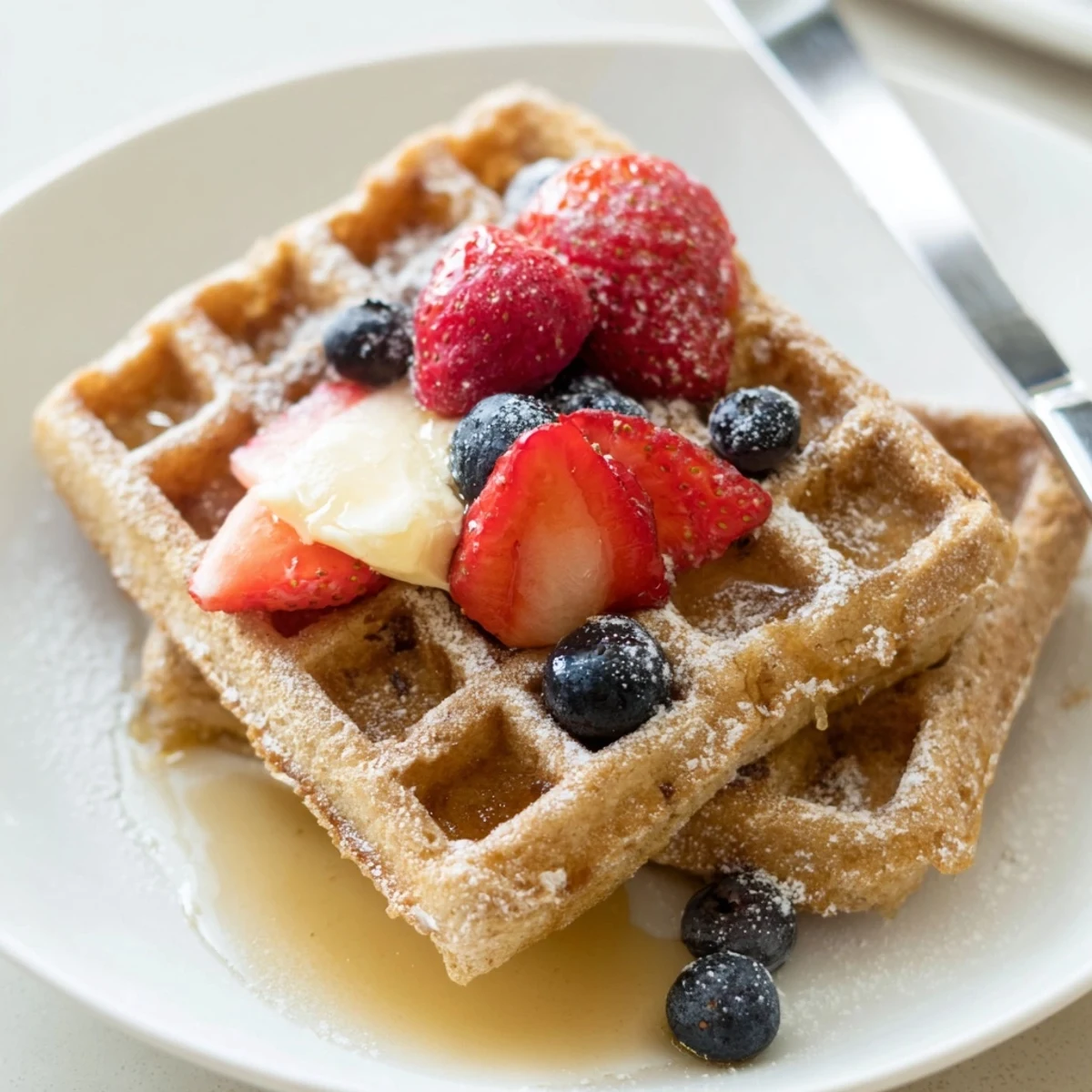 Almond Flour Waffles With Berries topped with warm maple syrup and powdered sugar