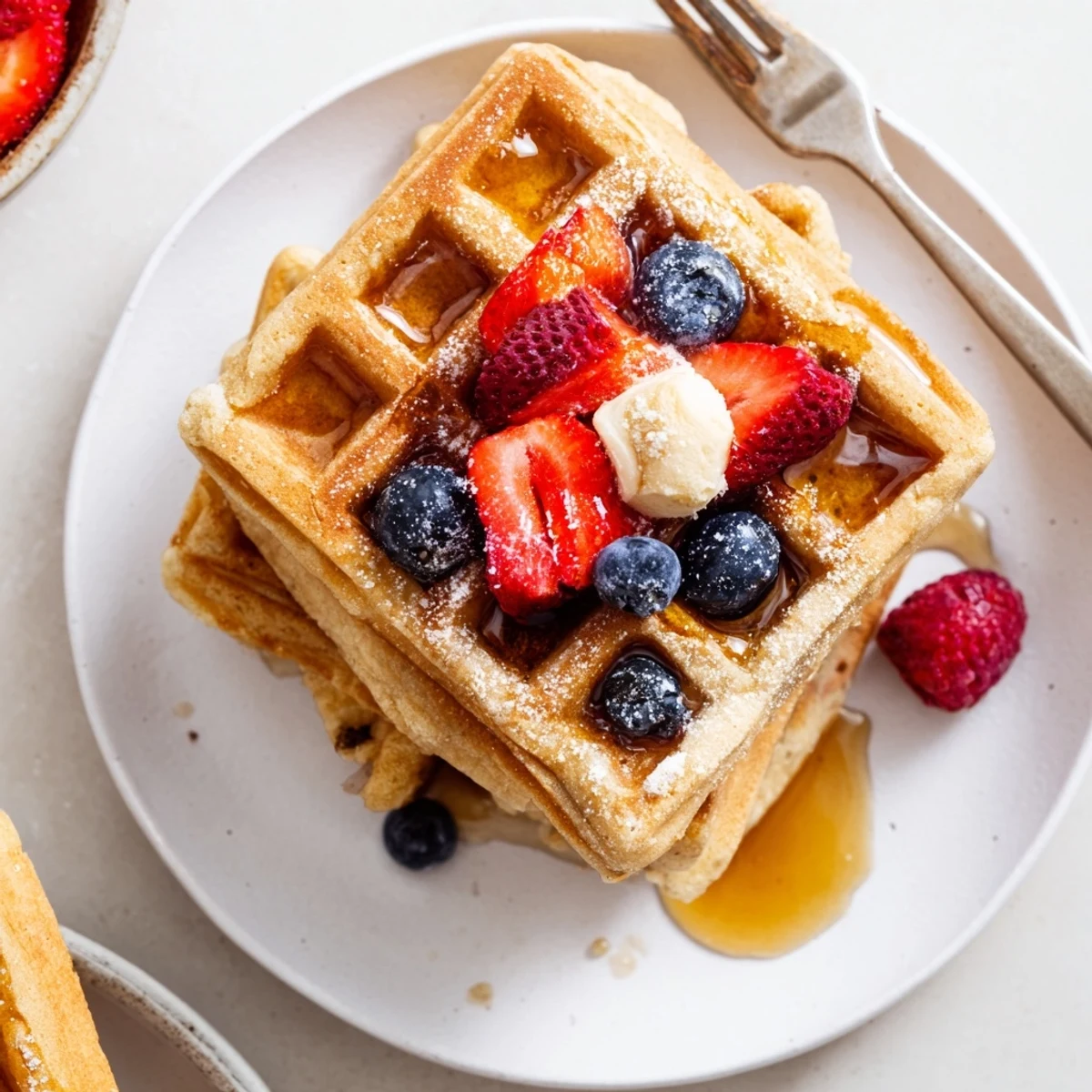 Stack of Almond Flour Waffles With Berries steaming, berries bursting, butter melting