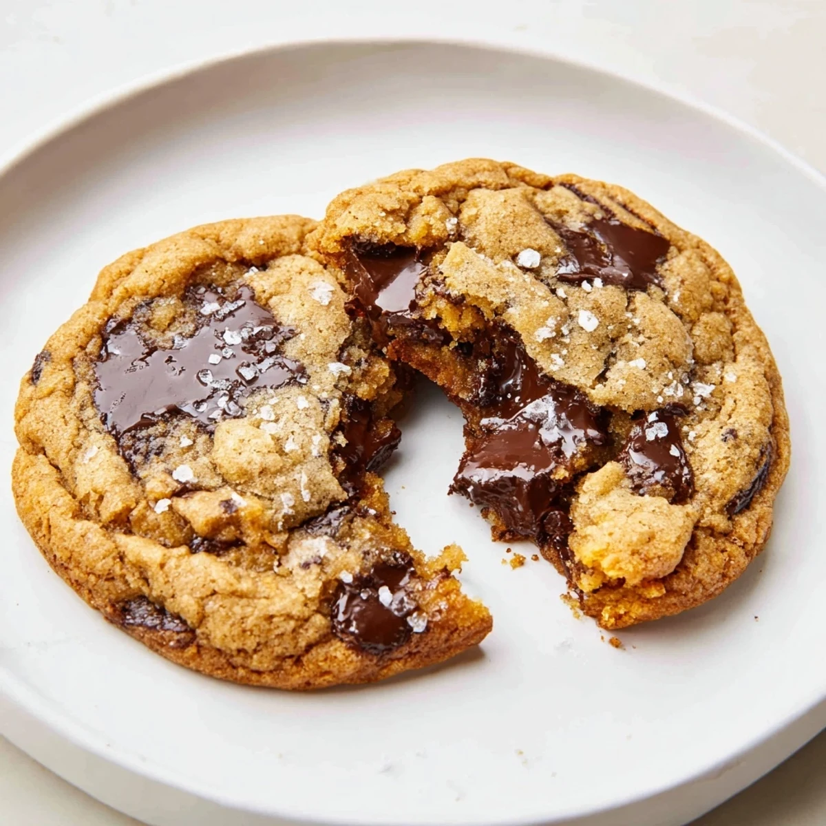 A plate of Brown Butter Chocolate Chip Cookies Recipe sprinkled with flaky sea salt