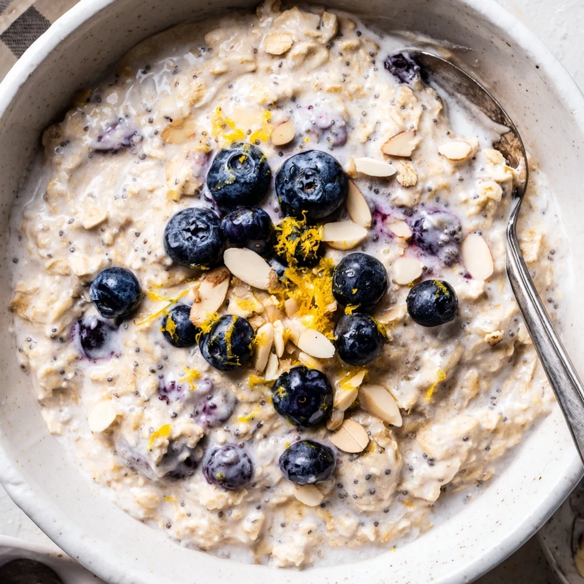 Layered Blueberry Lemon Overnight Oats with bright lemon zest and fresh blueberries